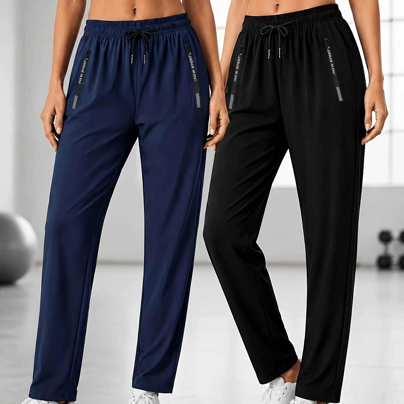 TEMU Women's 2pcs High-waist Elastic Drawstring Straight-leg Casual Pants With Zipper Pockets, Quick-dry Lightweight Loose-fit Trousers For Running,