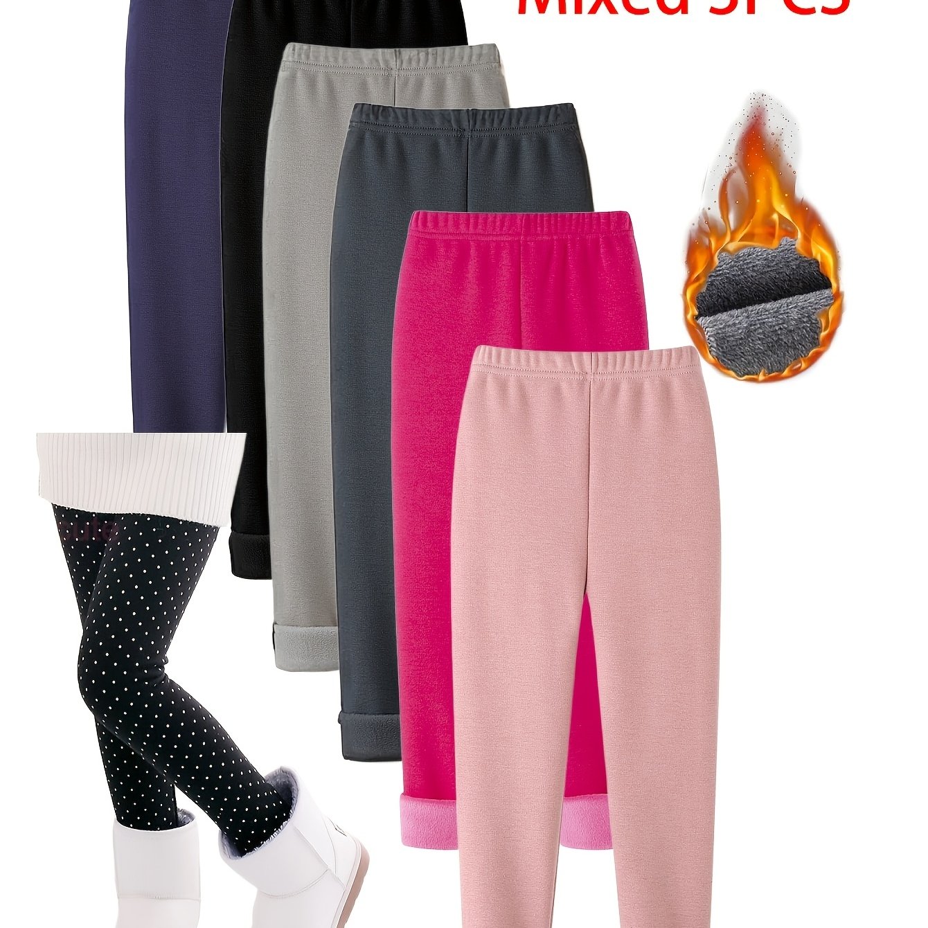 3pcs Set Random Color Matching Girls' Winter -lined Thickened Leggings, Solid Color Polka Dot Print Tight Pants, Children's Autumn And Winter Cold-proof Versatile Worn Outside Warm Long Pants