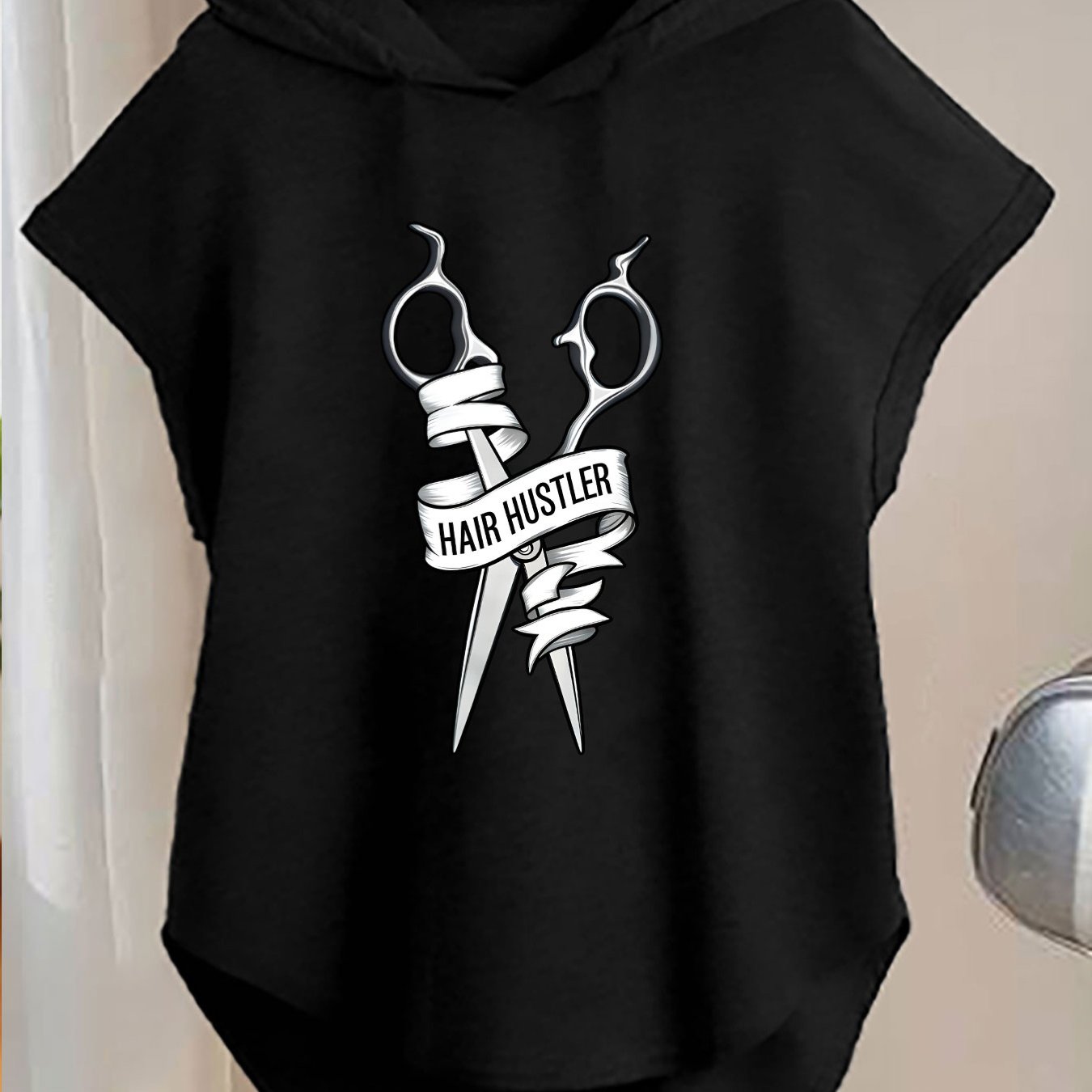 TEMU 1pc Fashion Top, Beautiful Ladies, Slim Waist, Batwing Sleeves, Short Sleeves, Barber Scissors With Ribbon Design, Highlighting Printed Hooded