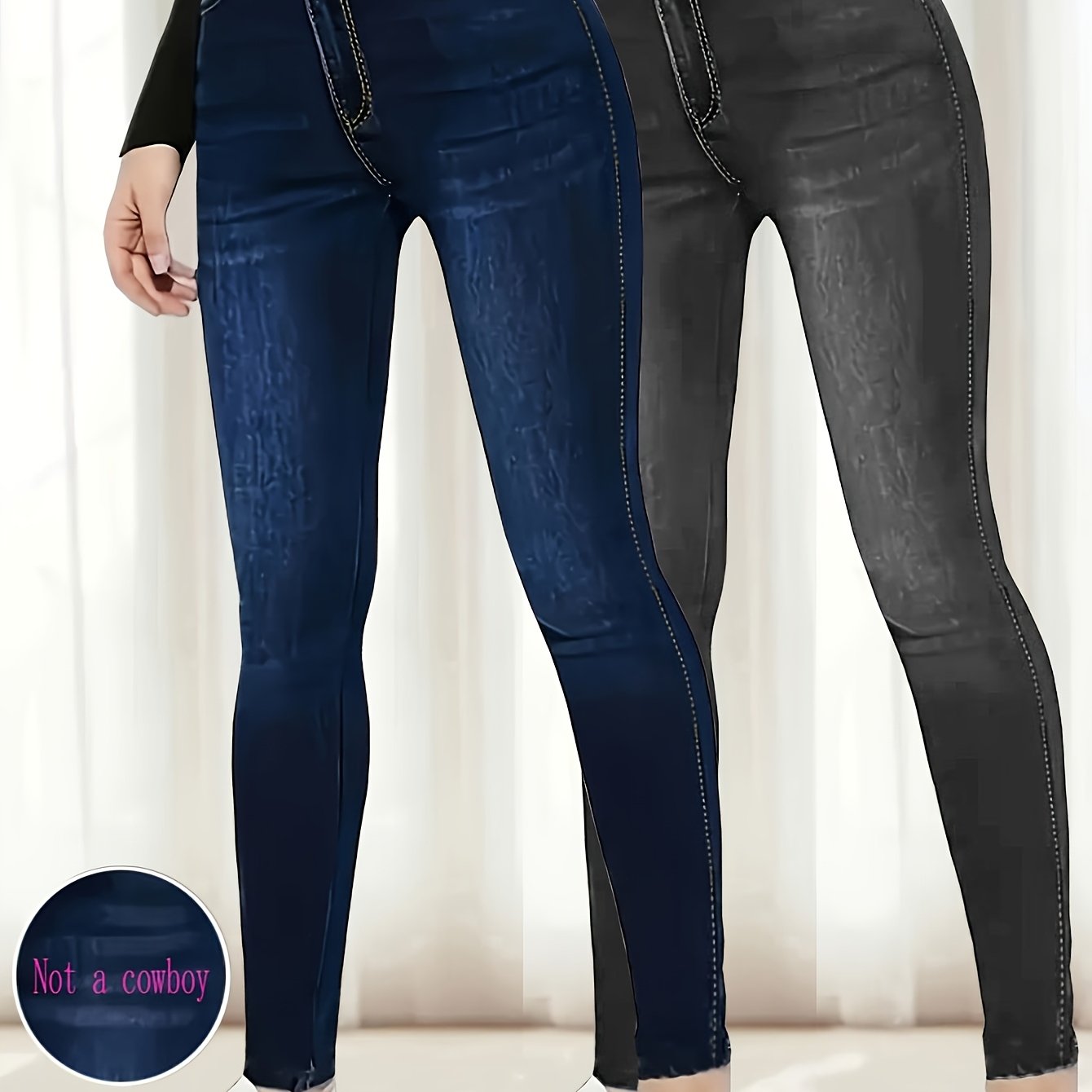 TEMU [printed Leggings - Not Denim Fabric]-piece Set In Black And Blue Denim Look, Women's Slim-fit Leggings - Elegant Stretchy Skinny Pants, Suitable For All , Or , Machine Washable