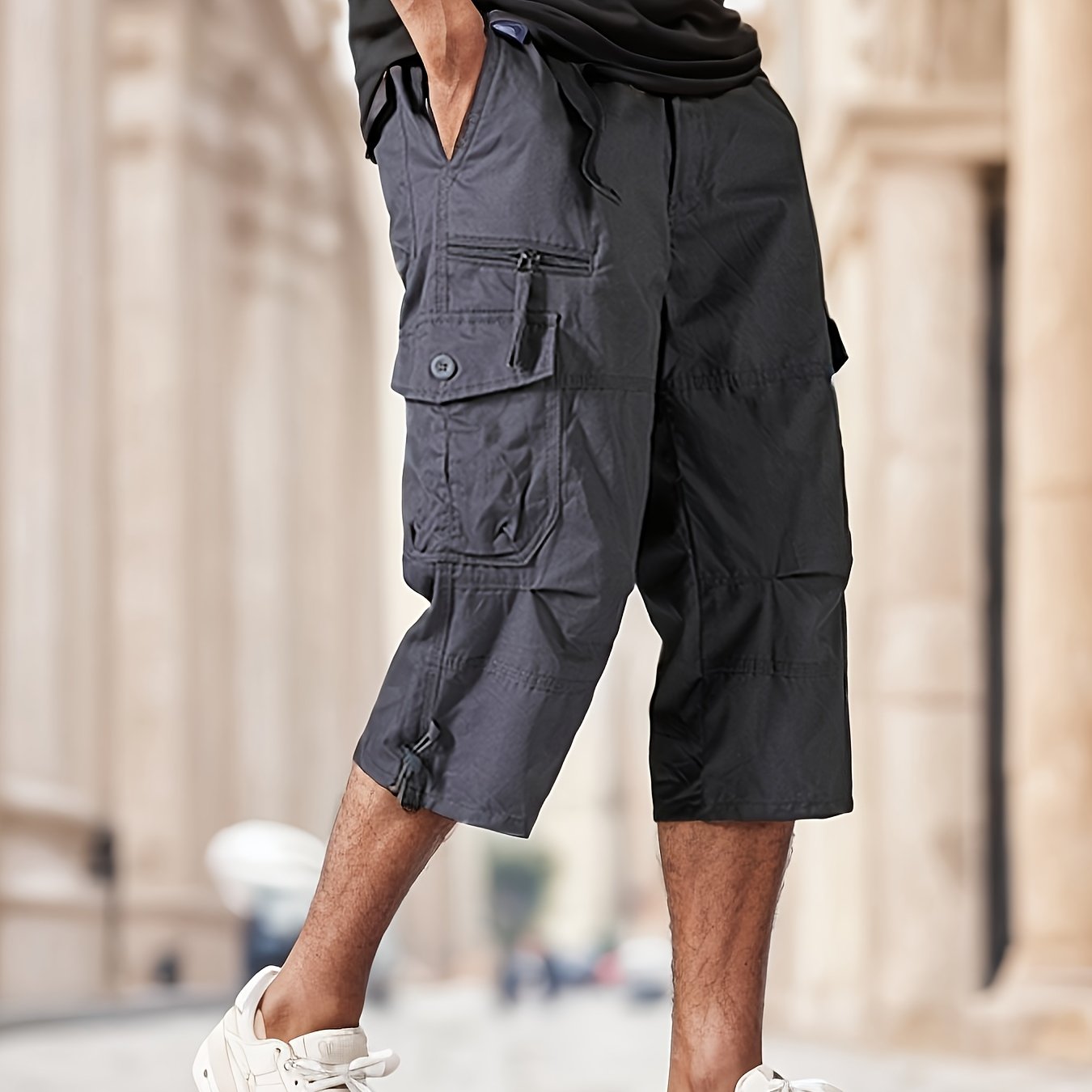 Men's Multi- Outdoor Casual Cargo Capri Pants Shorts, With Elastic Waist And Button Closure For , Suitable For , Fishing, Mountaineering, And Outdoor Activities (belt Not Included)