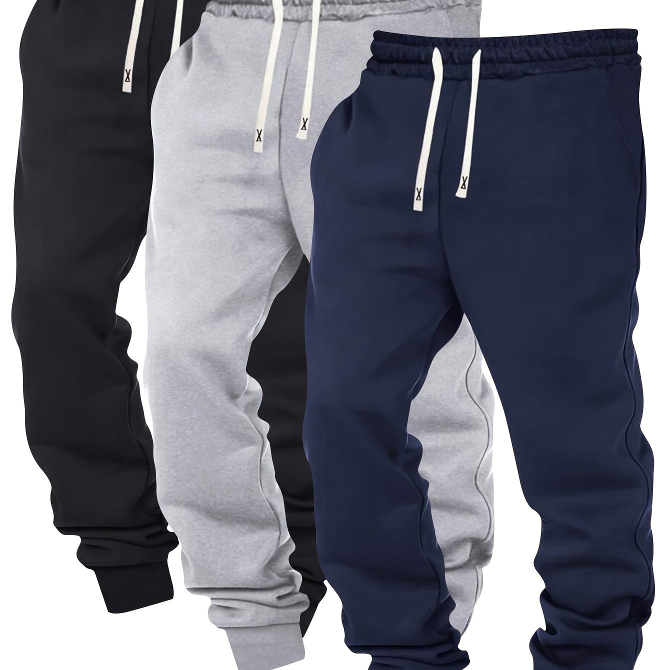 Image of Three-pc Men' Color Plain Elastic Waistband Drawstring Ribbed Casual Jogger Pants, Men's Dress Administrative Trousers