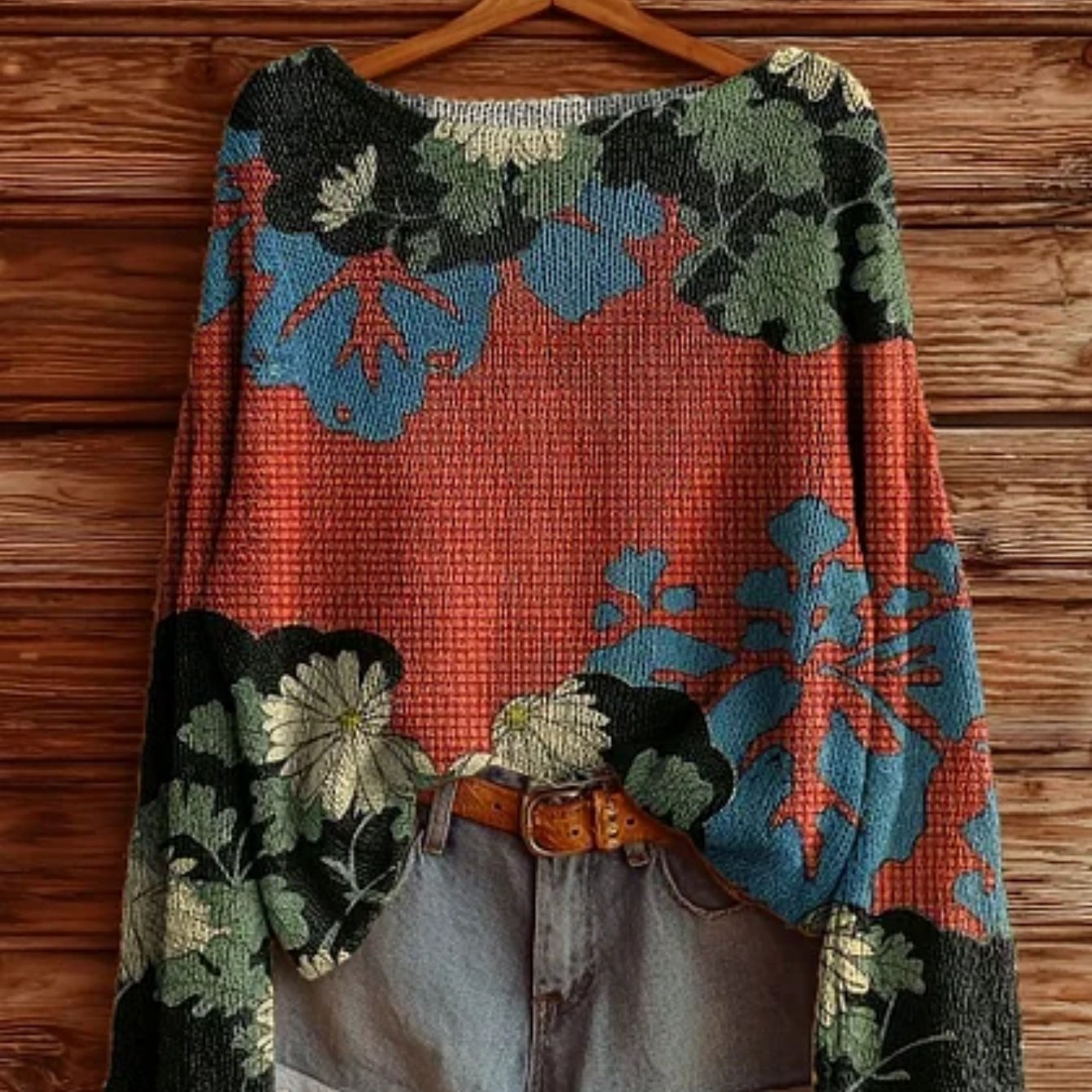 Image of Bohemian-style Women's Round-neck Sweater Featuring Vibrant, Artistic Floral Prints. This Unique And Elegant Piece Offers A Retro Vibe, Perfect For . Ideal For Everyok