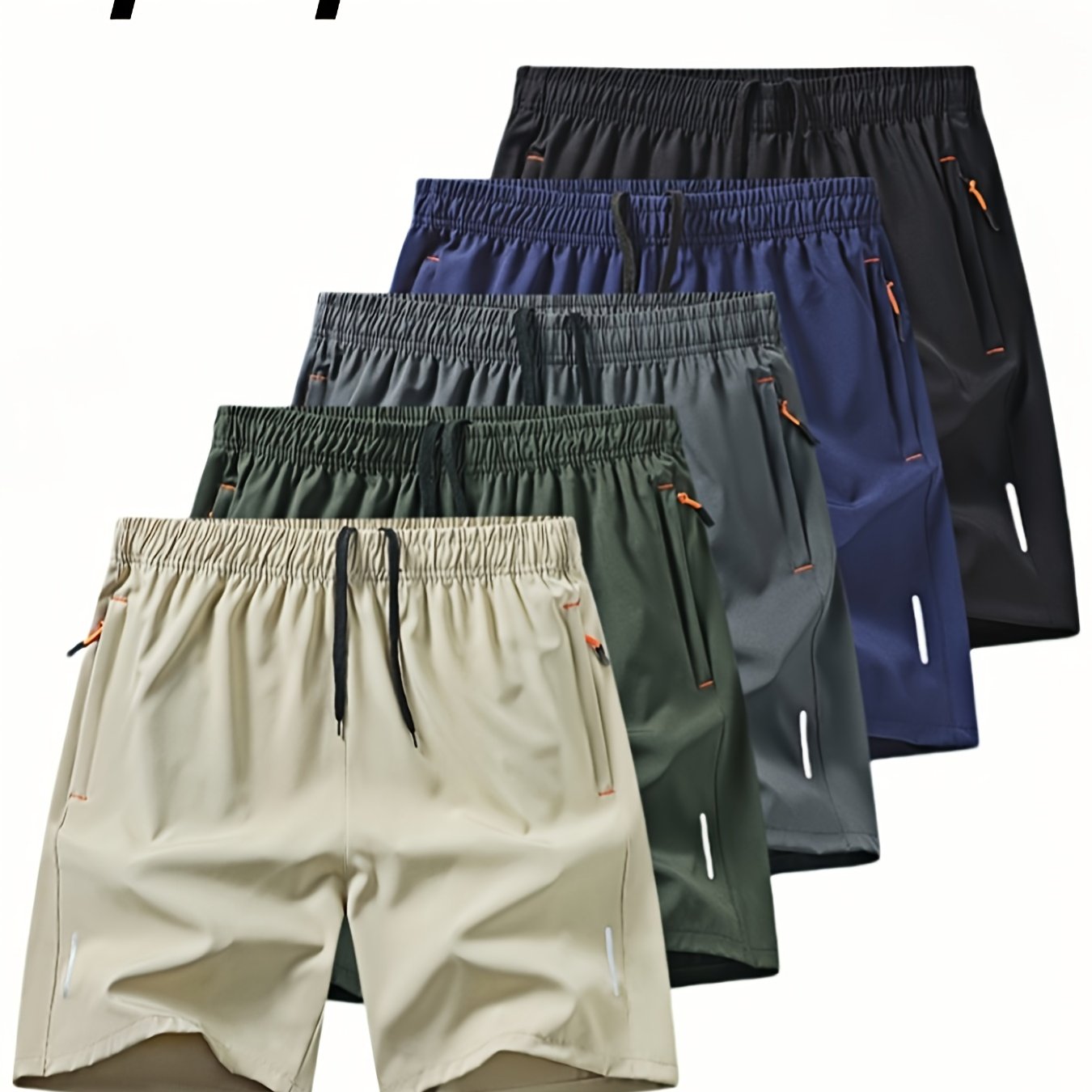TEMU 5pcs Men's Outdoor Athletic Quick-dry Shorts Set, Breathable Comfortable Spandex Blend, With Zippered Pockets And Drawstring, Elastic Waistband,