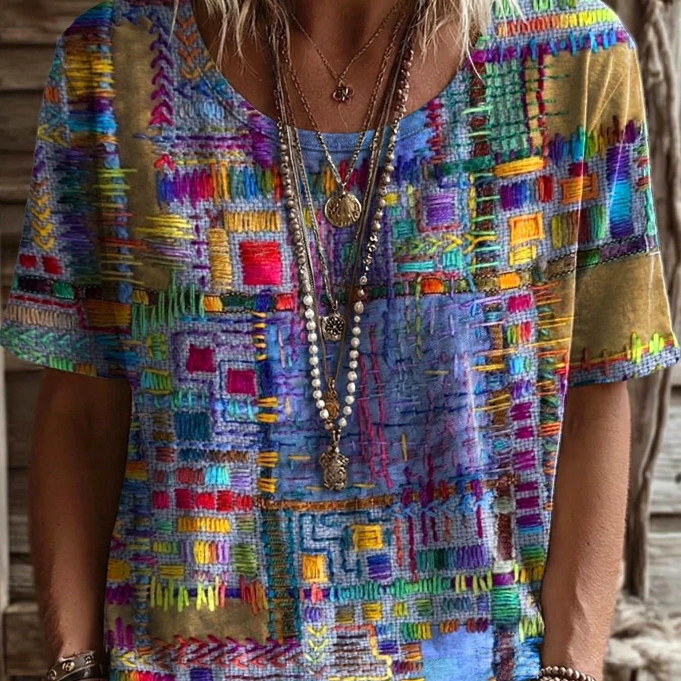 TEMU Women's Bohemian Vintage Full-body Print T-shirt - Loose-fit Short Sleeve Crew Neck Top, Featuring Print Patches, Suitable For Casual Spring And
