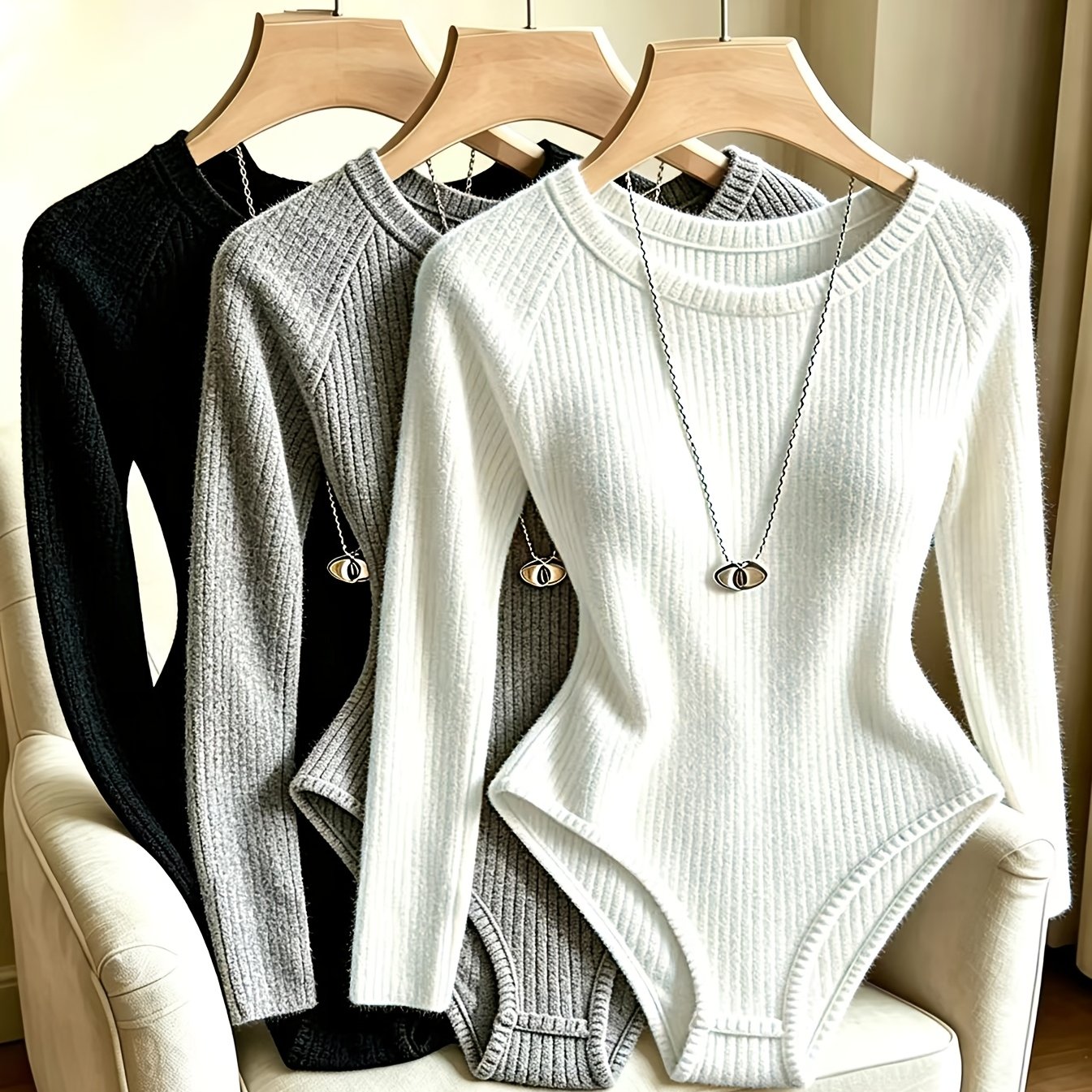 TEMU 3pcs Women's Autumn/winter Elegant Ribbed Crew Neck Long Sleeve Bodysuit, Long Sleeve Ribbed Brushed Tight-fitting Jumpsuit