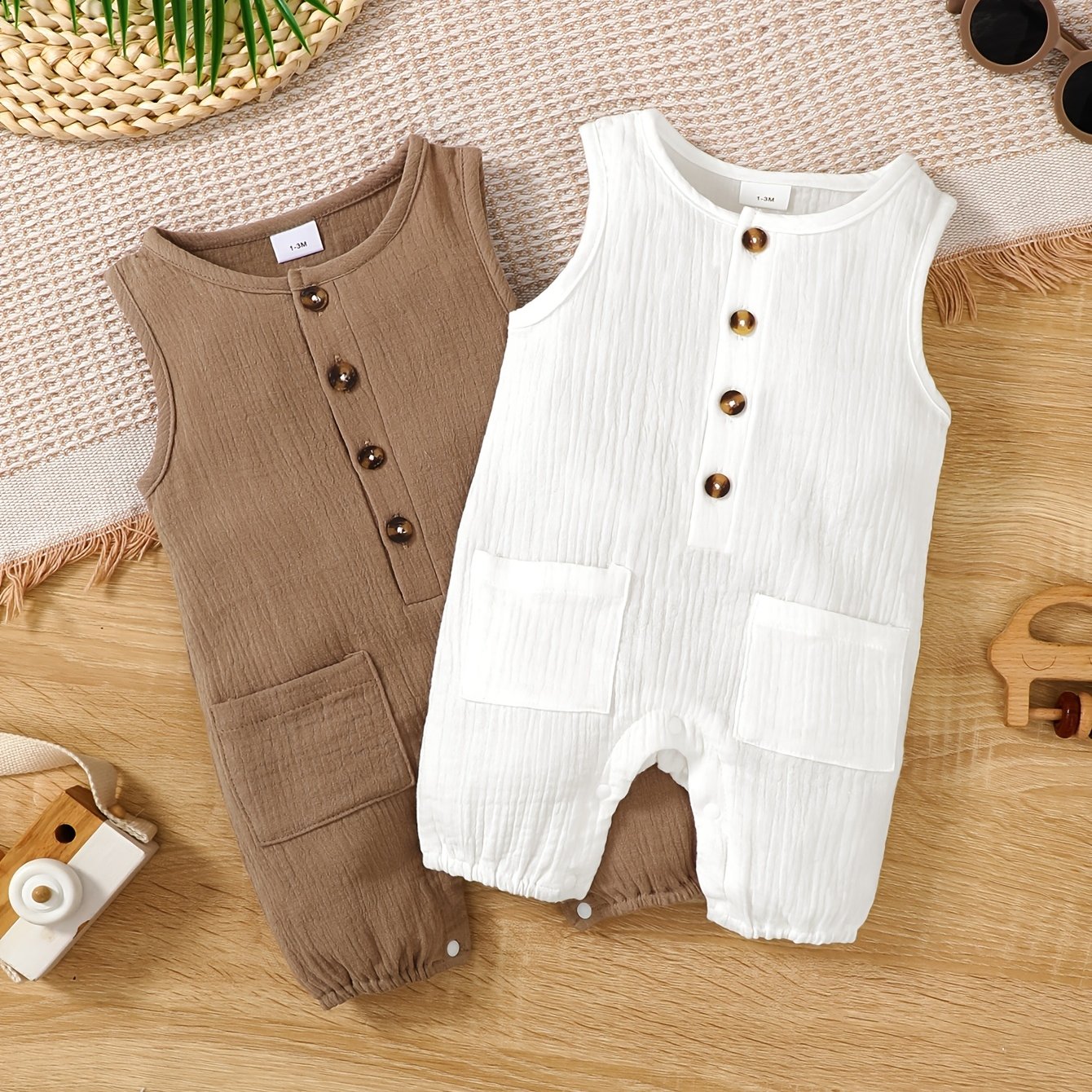 Image of Set Of 2: Sleeveless Bodysuit And Shorts For Baby Boys, Featuring A Cute Casual Design With Double-layered Fabric, Pockets, And Buttons, Made Of Pure, For Outdoor