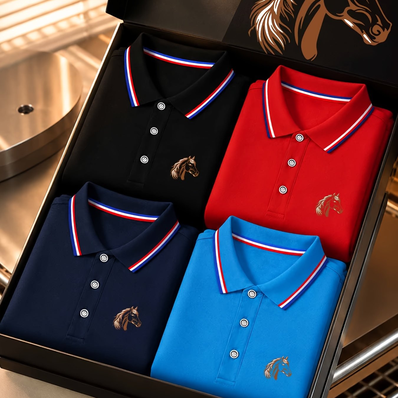 TEMU Easy Line Horse Pattern 4pcs Set, Men's Summer Striped Lapel T-shirt, Solid Colors , Suitable For Business Casual And Sportswear, Gift Box For