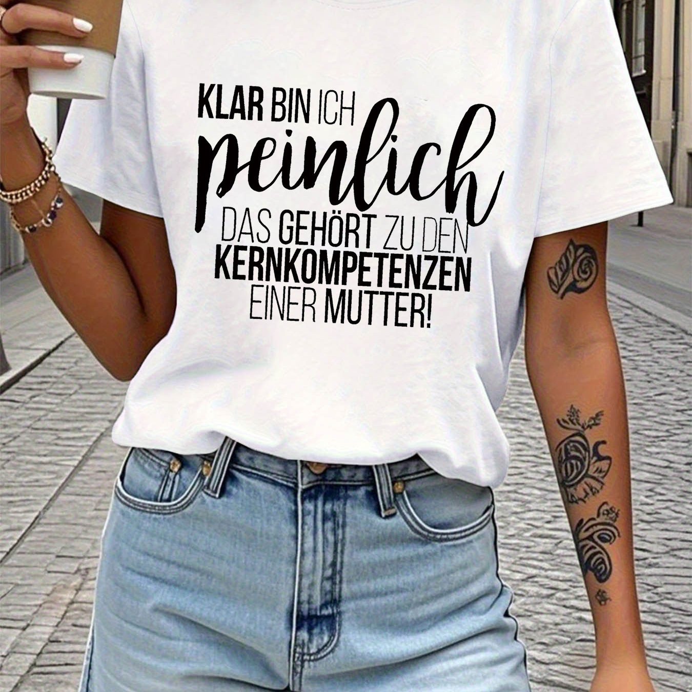 Image of German I Am Embarrassing A Mothers Core Competencies Letter Print T-shirt, Short Sleeve Crew Neck Casual Top For Summer & Spring, Women's Clothing