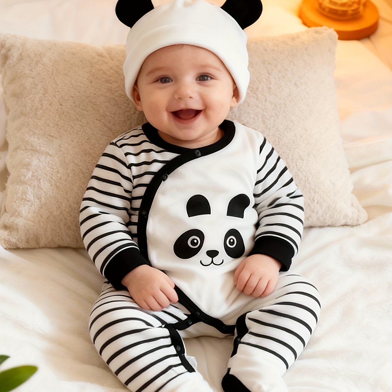 Image of Cute Panda Onesie - Soft Romper With Striped Sleeves & Legs, Cozy Outfit For Boys, Easy Diaper Change, Perfect For Outdoor Activities, Cute Cartoon Design Daily Essentials, Regular Fit