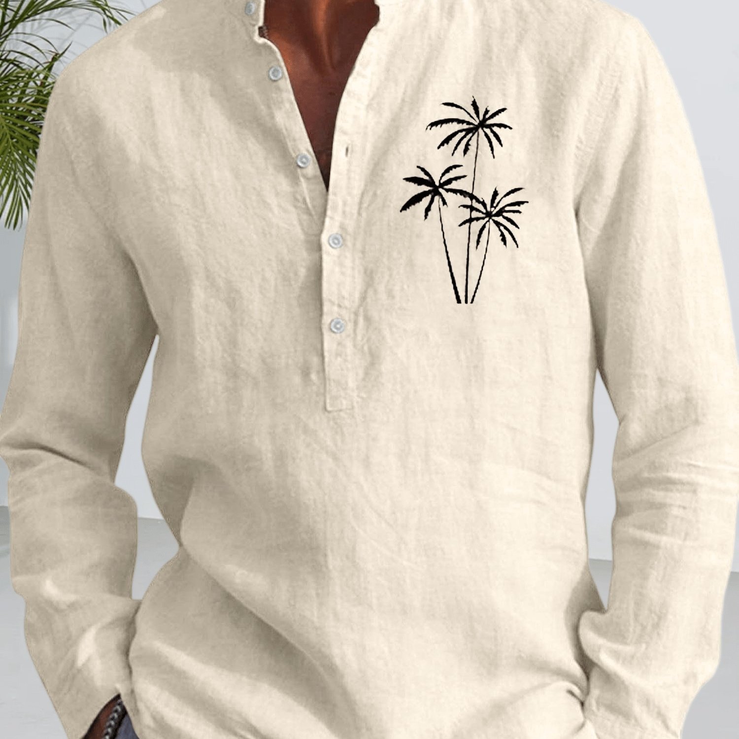 Image of Men's Linen Collar Shirt With Palm Tree Print | Summer Breathable Casual Vacation Versatile Top, Skinny Fit, Stretch Fabric