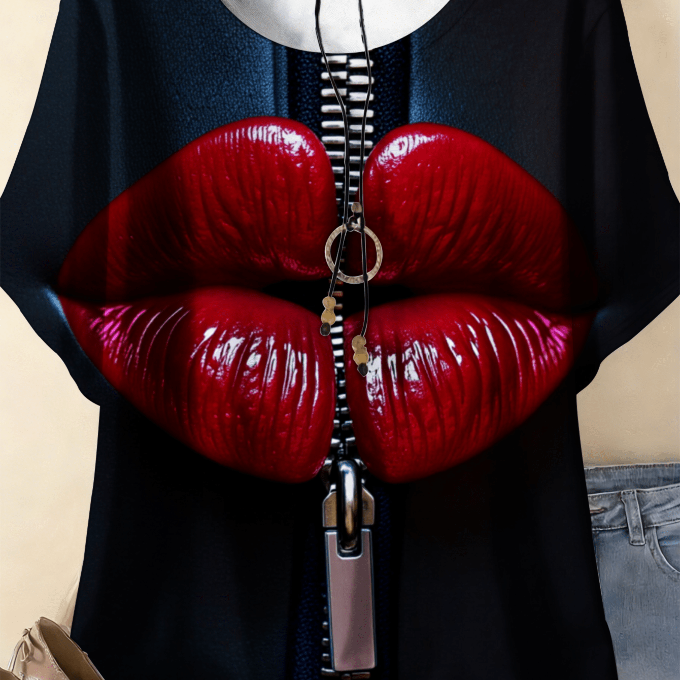 Image of Plus Size, 0-9xl Plus Size Red Lips Zipper Print Design Women's Summer T-shirt Fashion Apparel Breathable Friendly