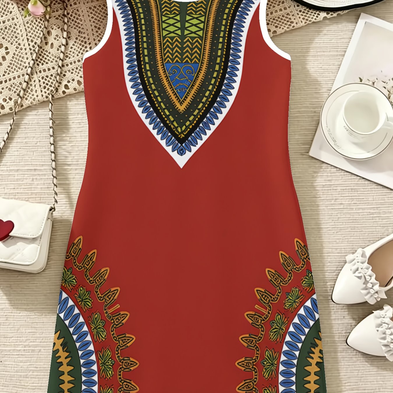 TEMU African Ethnic Tribal Ornate Traditional Borderprinted Vest Skirt With Sleeveless Round Neck And Medium Stretch Fabric Is Perfect For Princess