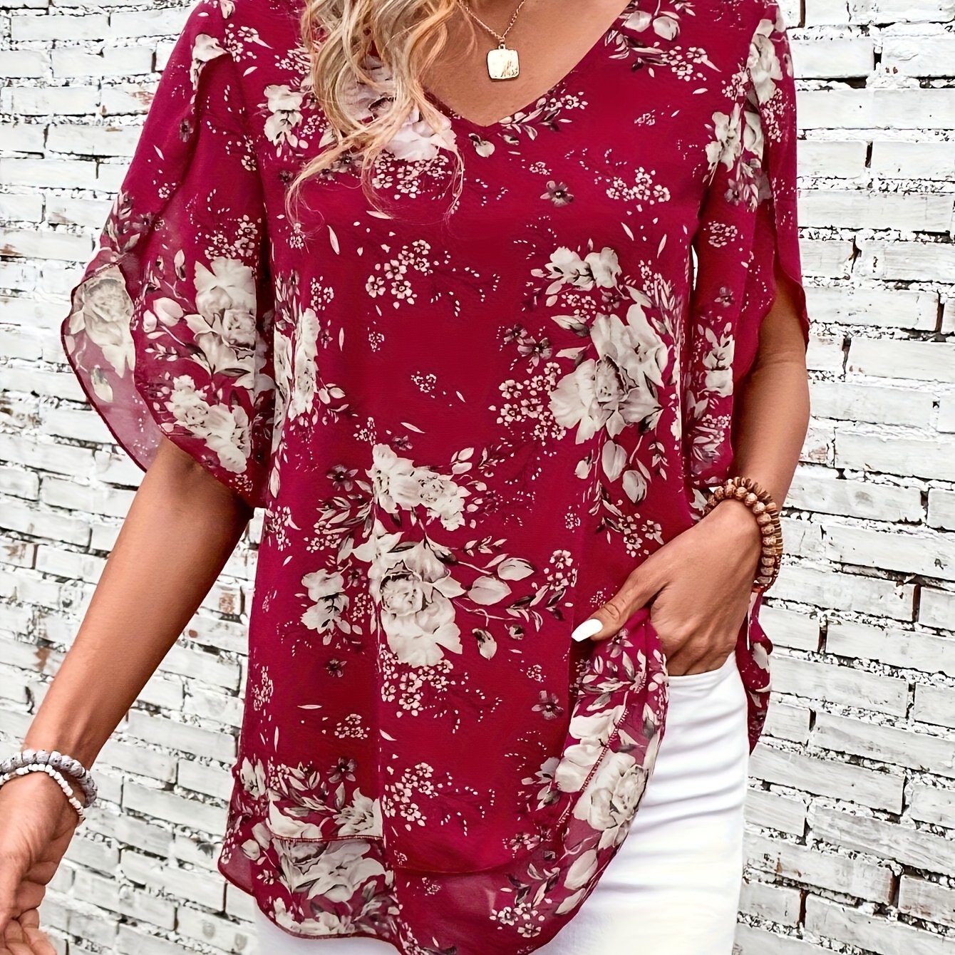 E-shop V-Ausschnitt Schlitz Schmetterlingsärmel Doppellagige Chiffon Bluse Böhmischer Stil Blumendruck für Sommer Locker und Fließend Atmungsaktives