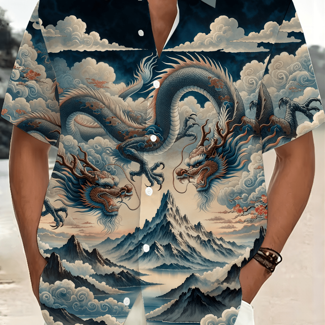 TEMU Men's Plus Size Casual Short Sleeve Shirt, Dragon Pattern Print, Beach Casual Vacation, Suitable For Summer Street Daily Wear, Fashionable And