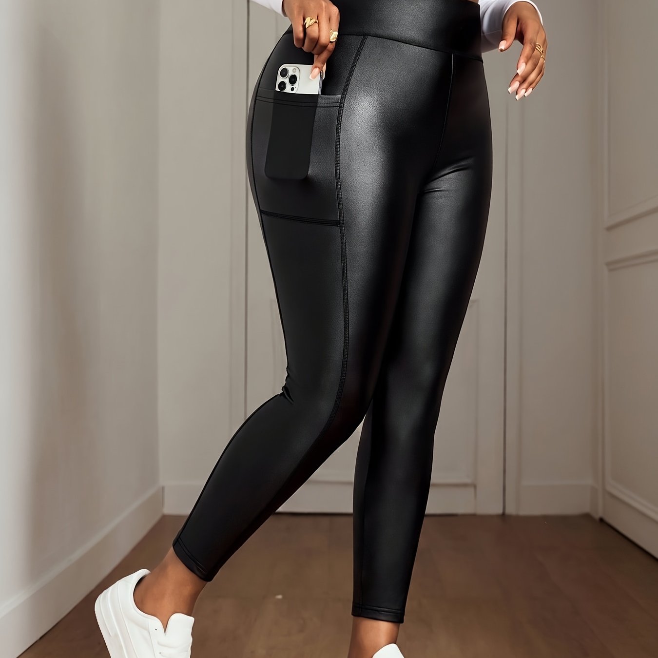 TEMU Women's Spring/autumn Pu Solid Color Skinny Leggings, High-waisted Pants With Side Pockets, High-waisted Seamless Skinny Pants Style, Side