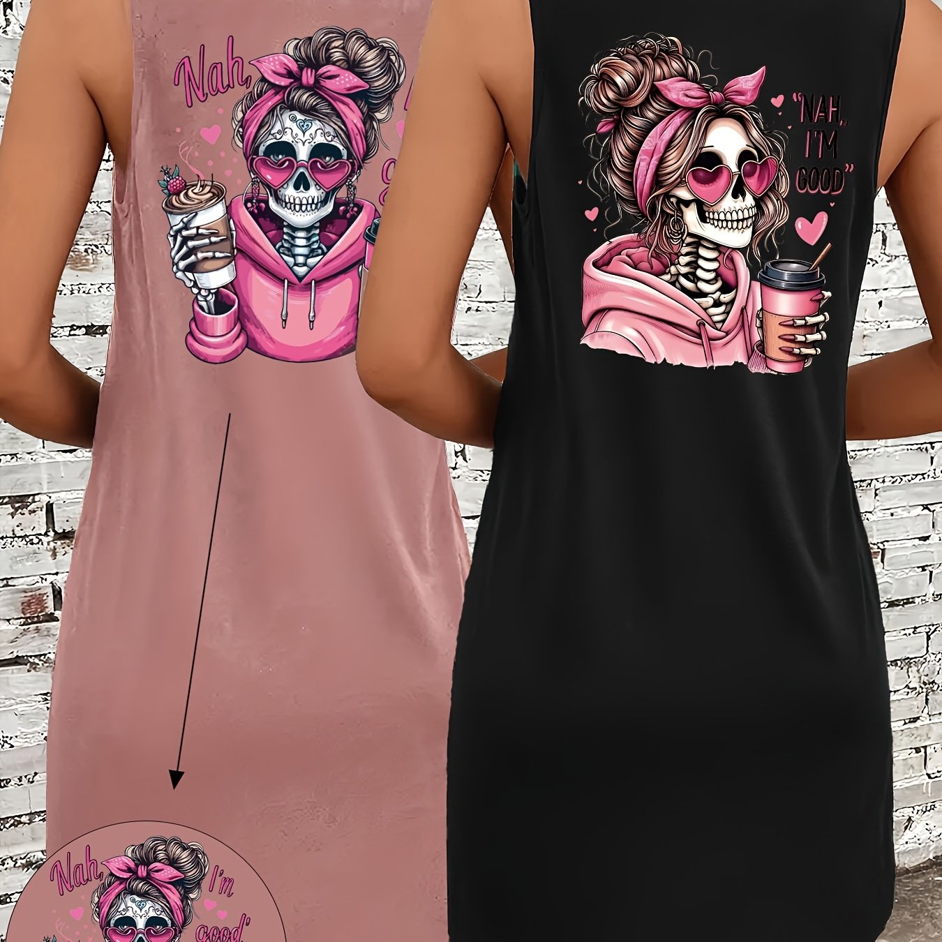 Image of And Summer Women's Fashion Trendy Skull Print Tank Dress Two-piece Set, Casual Top, Pullover, Base Shirt, Stylish Trend, , Perfect Gift