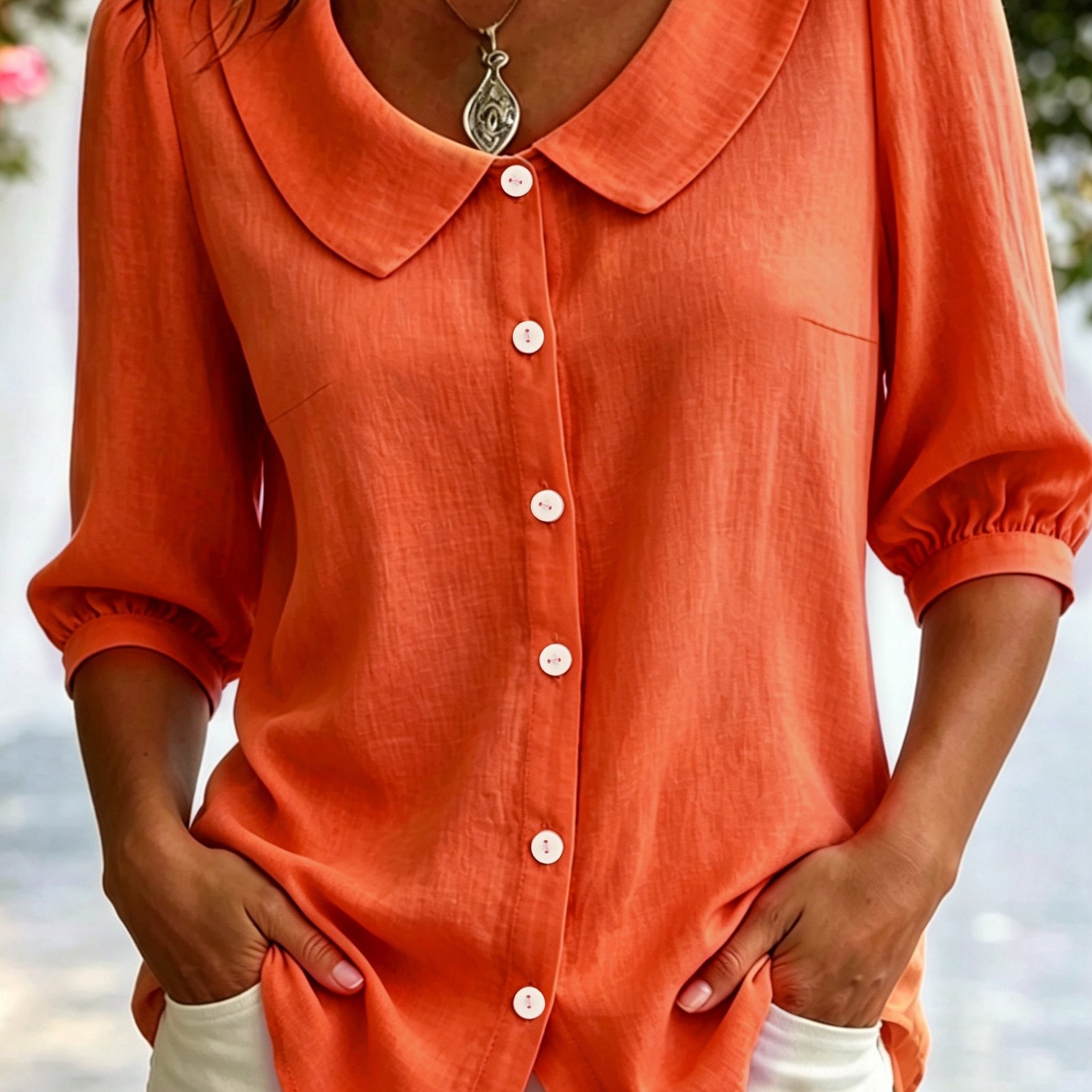 TEMU Talla grande, blusa de talla grande para mujer, elegante camisa de media con solapa de cuello de muñeca y cuello con muesca, de color liso con