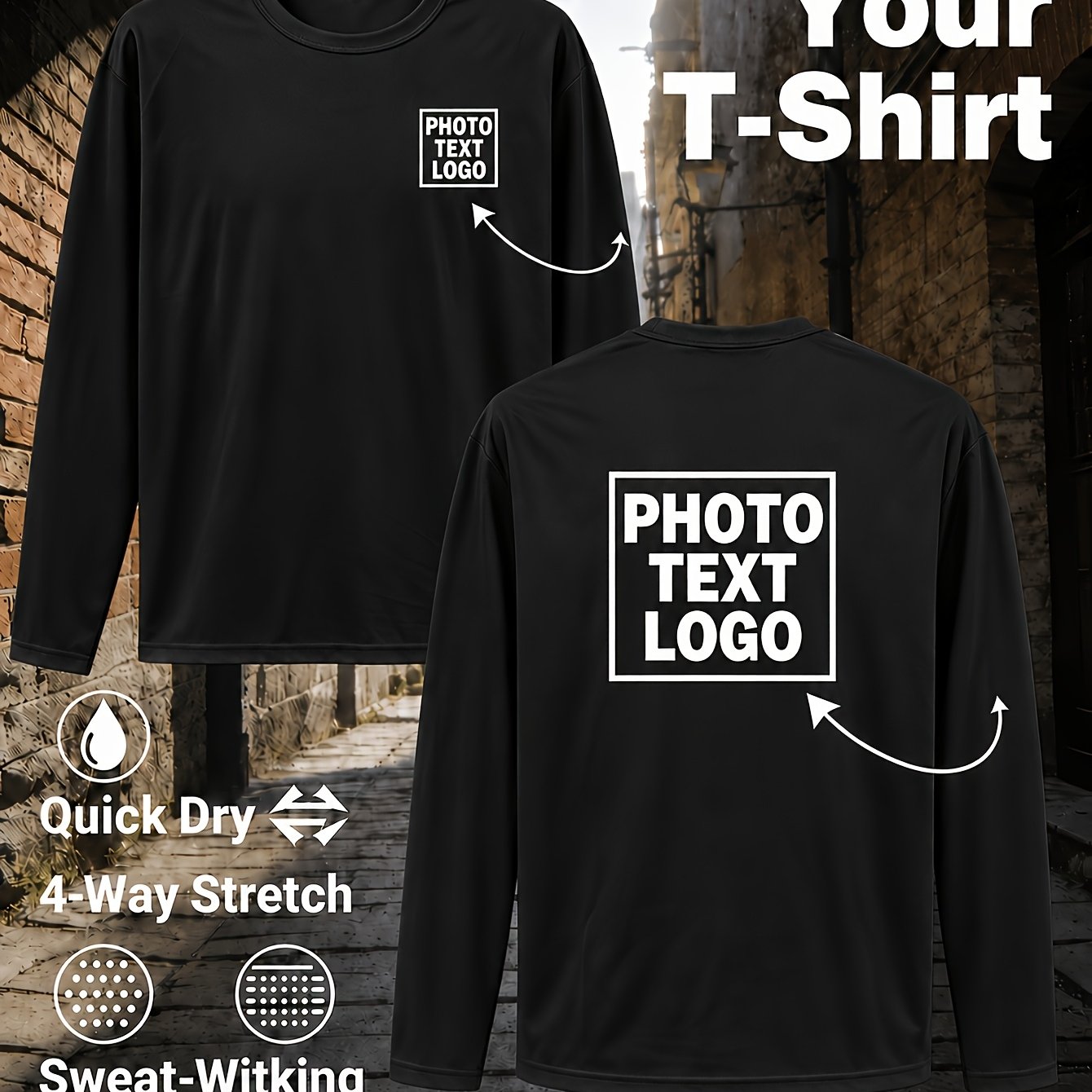 TEMU Customizable Long-sleeve Quick-dry T-shirts (unisex), Breathable And Quick-drying, Crew Neck, Ideal For Gym Workouts, Morning Runs, Outdoor