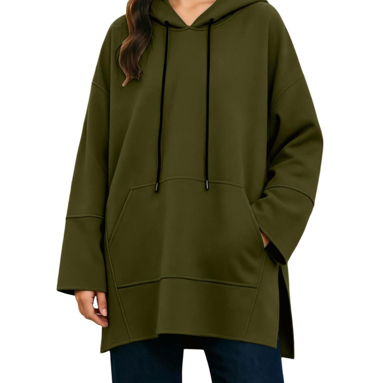 Image of Women's Oversized Sweatshirt Loose Sweatshirt Comfy Side Slit Winter Drawstring Top With Pocket Trendy Fall Pullover Jacket
