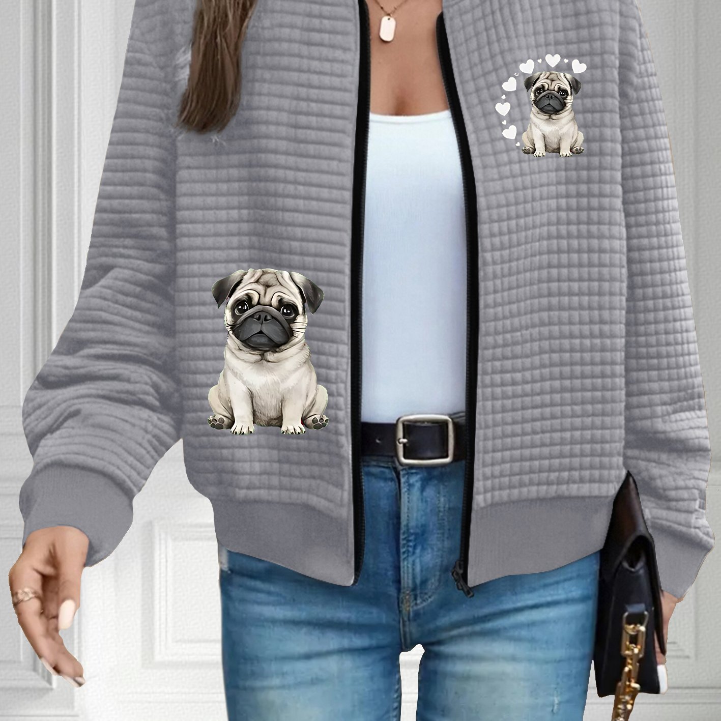 TEMU Puppy Print, Women's Casual Waffle Baseball Neck Zip-up Casual Jacket, Machine Washable, Geometric Pattern