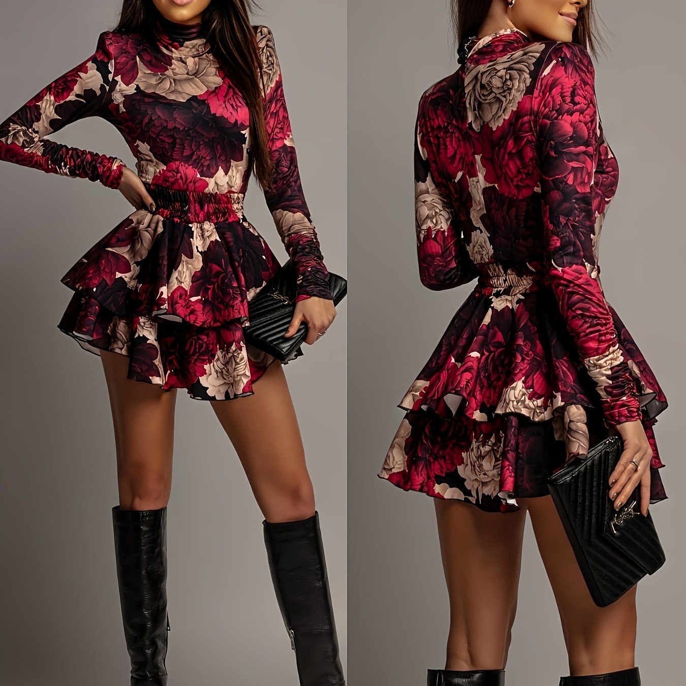 TEMU Conjunto de falda floral de moda otoño invierno, elegante camiseta de larga con cuello y falda tipo pastel de dos piezas, ideal para festivales,