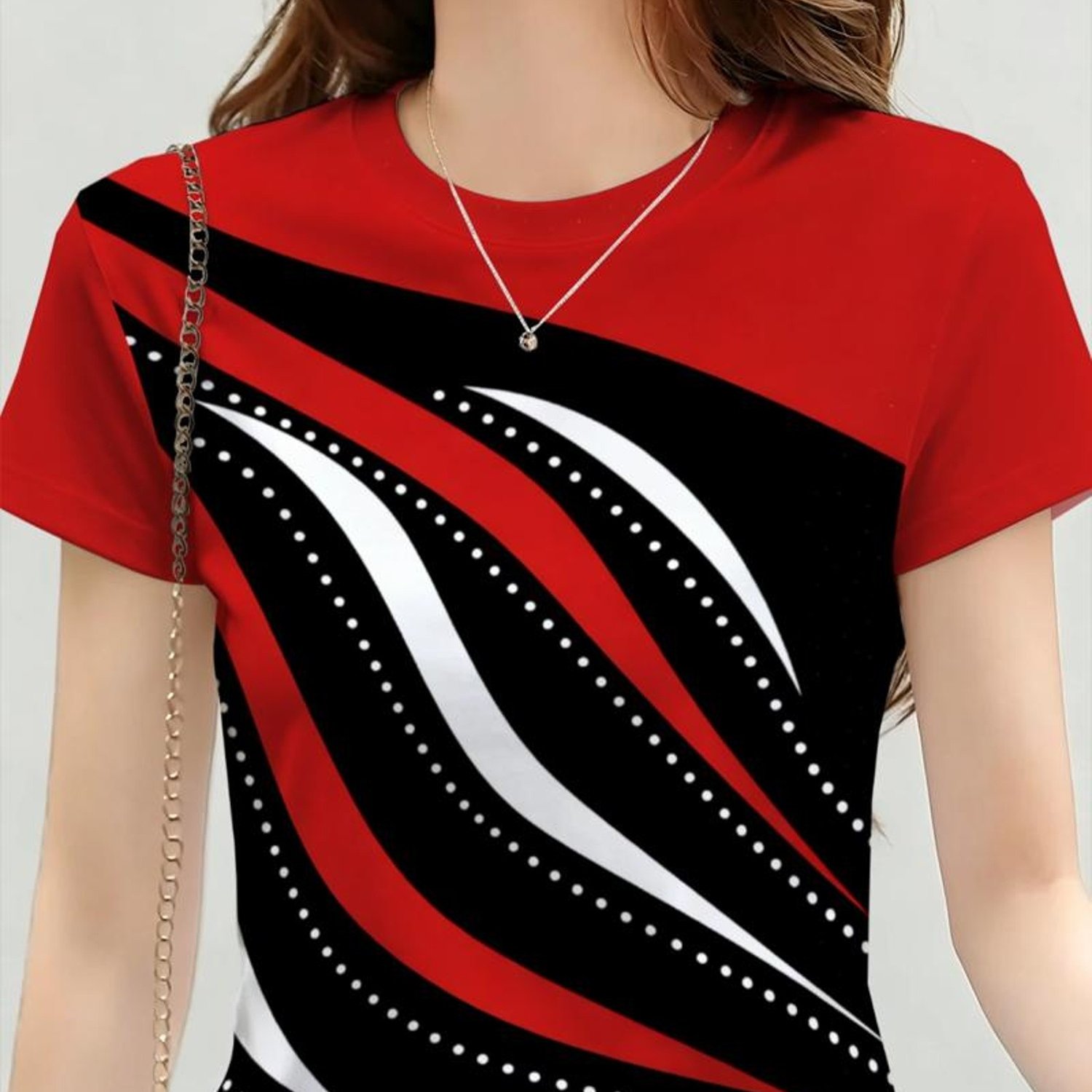 TEMU Printed Design – Not Textured Women's Round Neck Short Sleeve T-shirt, Red And Black Contrast Diagonal Wave Hot Drilled Light Luxury Mature Slim