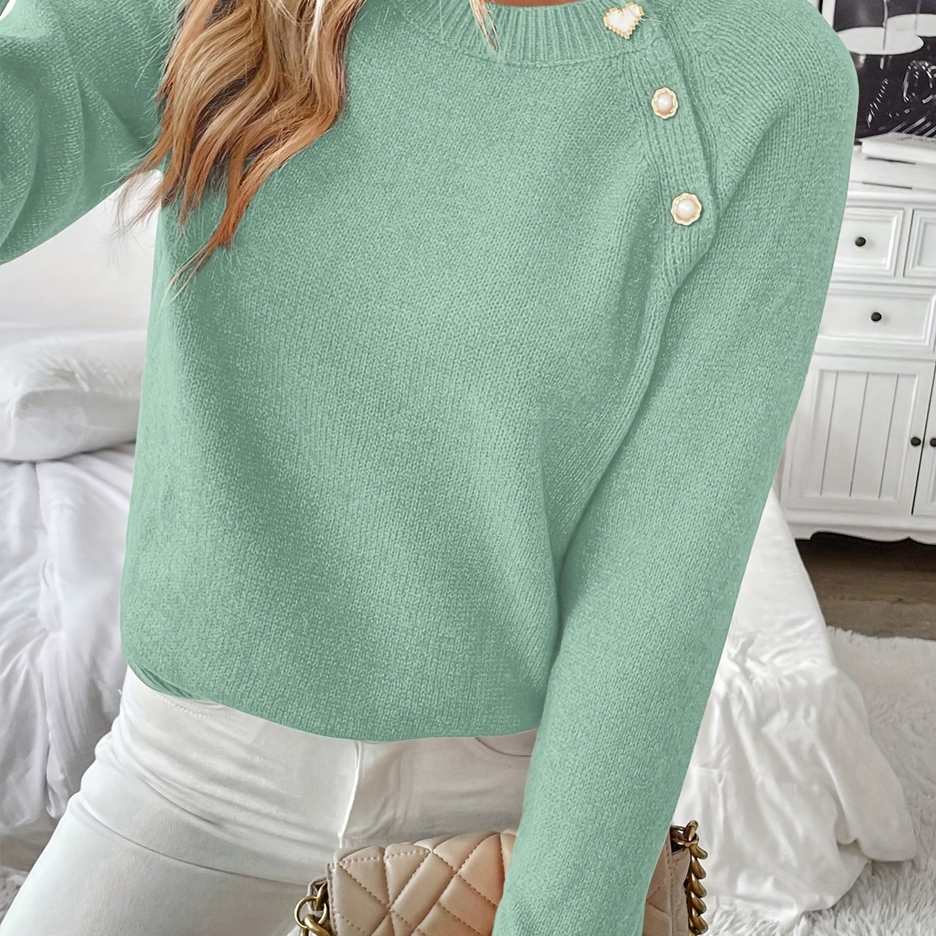 TEMU 2025 Women's Elegant Autumn/winter Off-shoulder Button Round Neck Long Sleeve Sweater