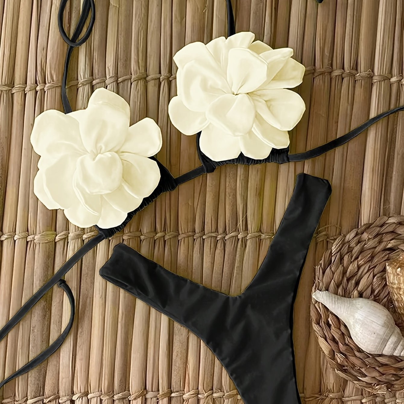 TEMU Women's Black And White Floral Bikini Set Featuring A Halter Neck With 3d And Triangle Bottoms, Perfect For Beach Vacations
