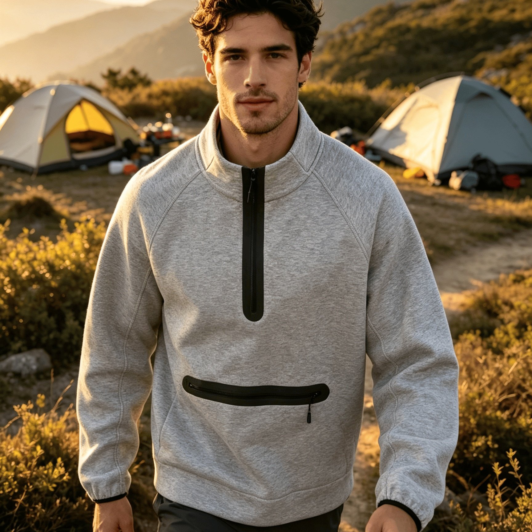 TEMU Sweatshirt à demi-zip pour homme, veste pull à col avec poches zippées, haut à col haut, convient pour le camping air, la randonnée et le
