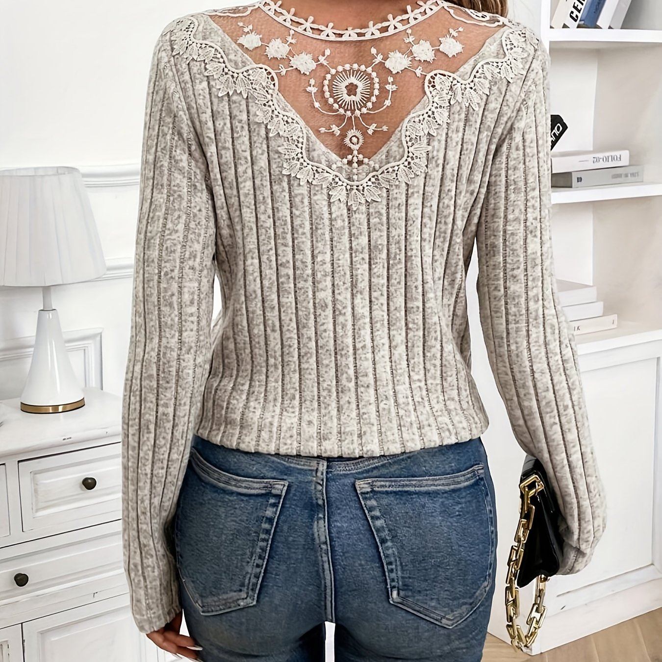 TEMU Ladies' V-neck Long Sleeve Lace Contrast Back Mesh Casual Fitted Stylish T-shirt[nian Nian]