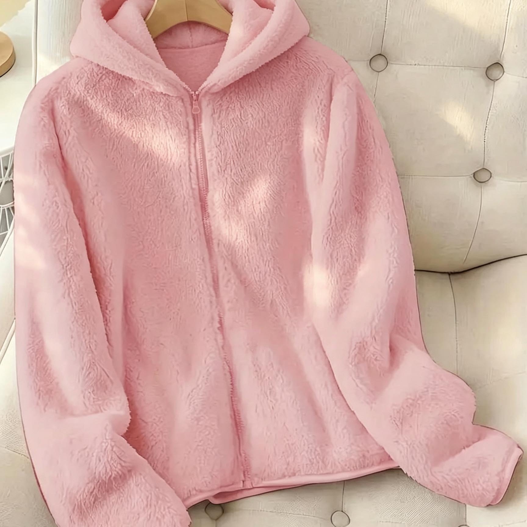 TEMU Women'-sided Jacket, Winter Solid Color Hoodie, Versatile Short Plush Top For Casual, Home, And Commuting, Lightweight Warm Small Outerwear For