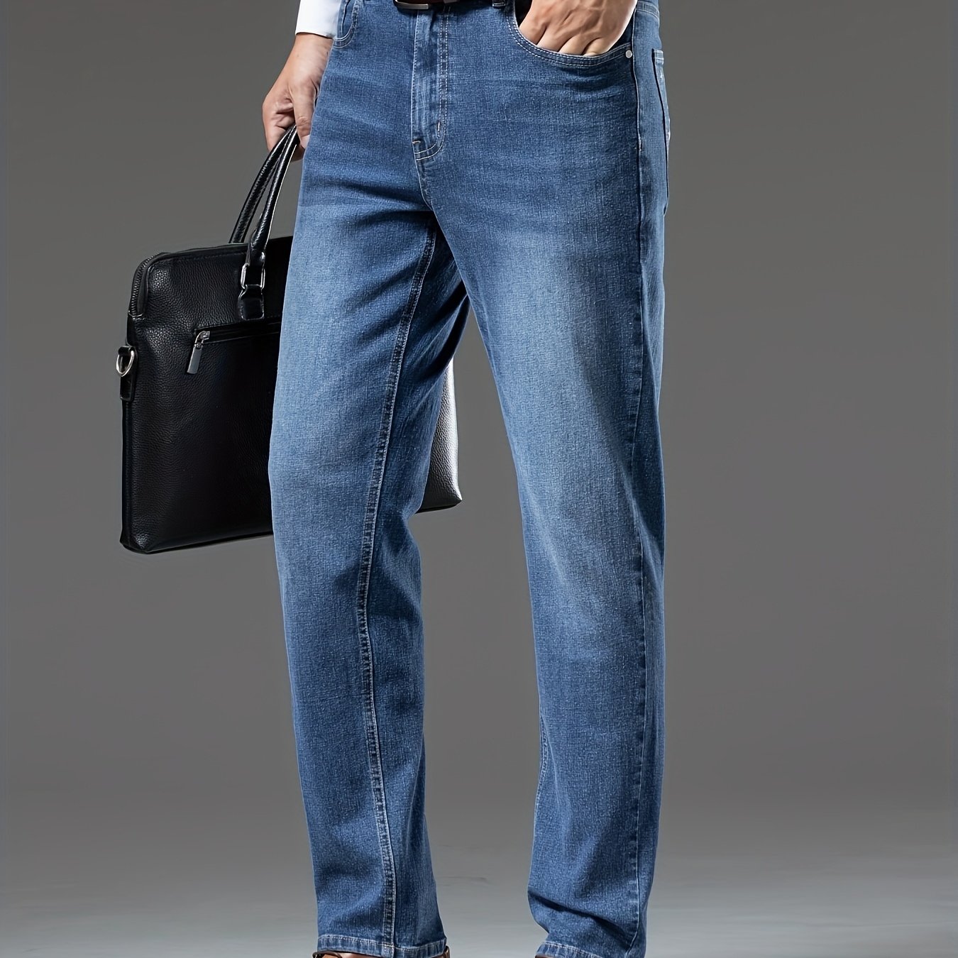 Image of Plus Size Men's Jeans With Stretch Fabric, Casual Straight Leg Pants, Wear, Simple Versatile Men's Business Trousers, Plus Size