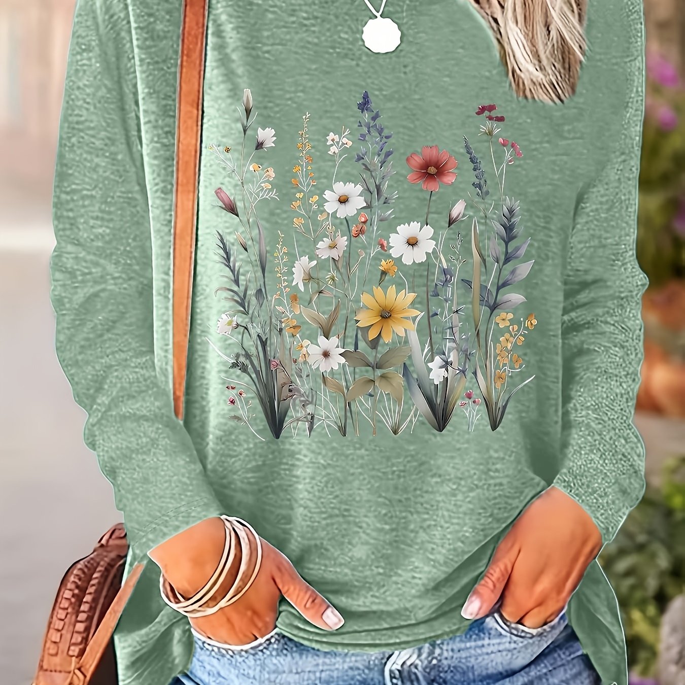 2025 Spring And Autumn New Style Positioning Floral Print Round Neck Long-sleeved Loose Top Base T-shirt Machine Washable - Suitable For Spring And Autumn Daily Wear And