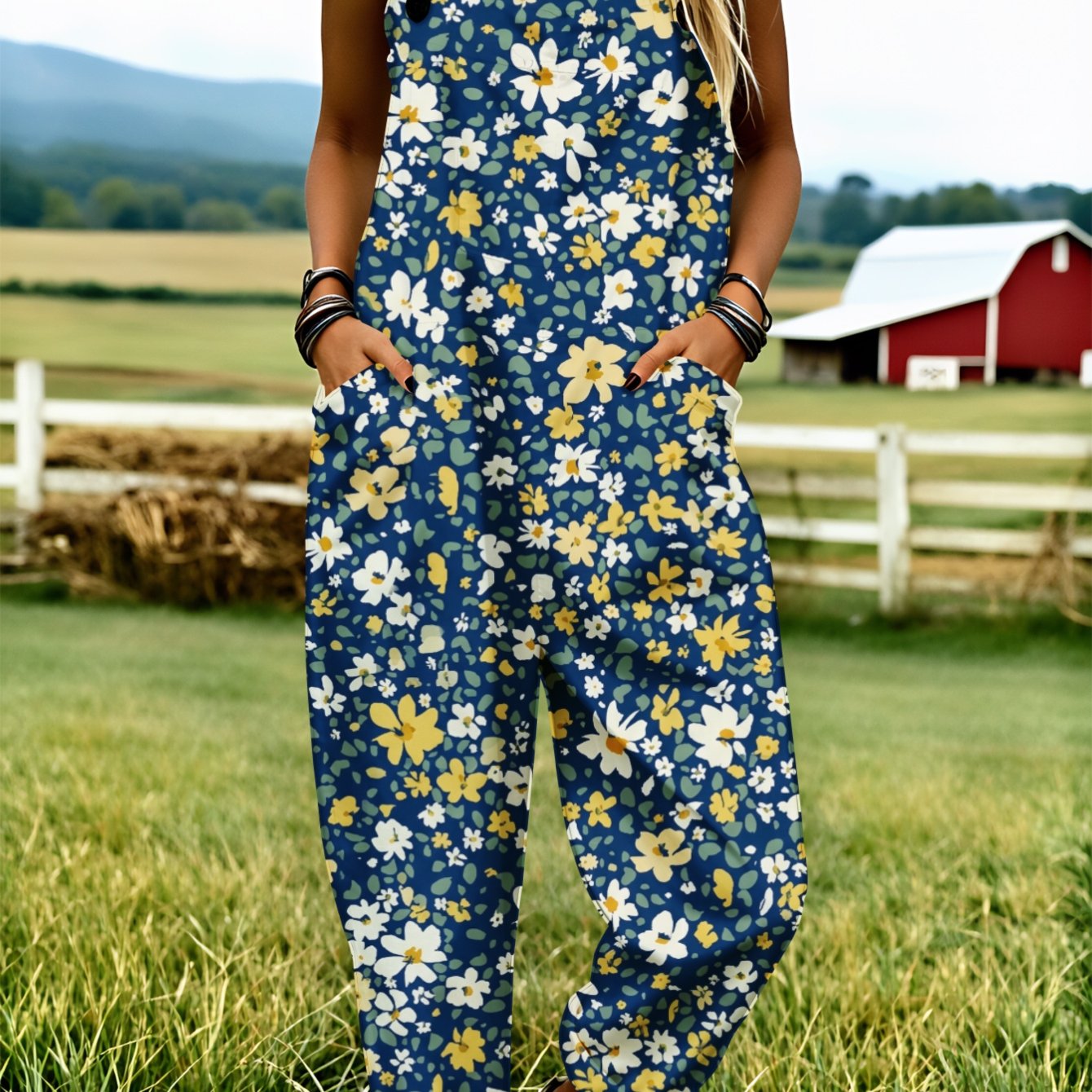 Image of Plus Size - Plus Size - Plus Size Women's Overalls 0xl-5xl Blue Floral White Yellow Pattern Comfortable And Breathable Adjustable Shoulder Straps Wide-leg Pants Loose-fitting Overalls Casual Wear