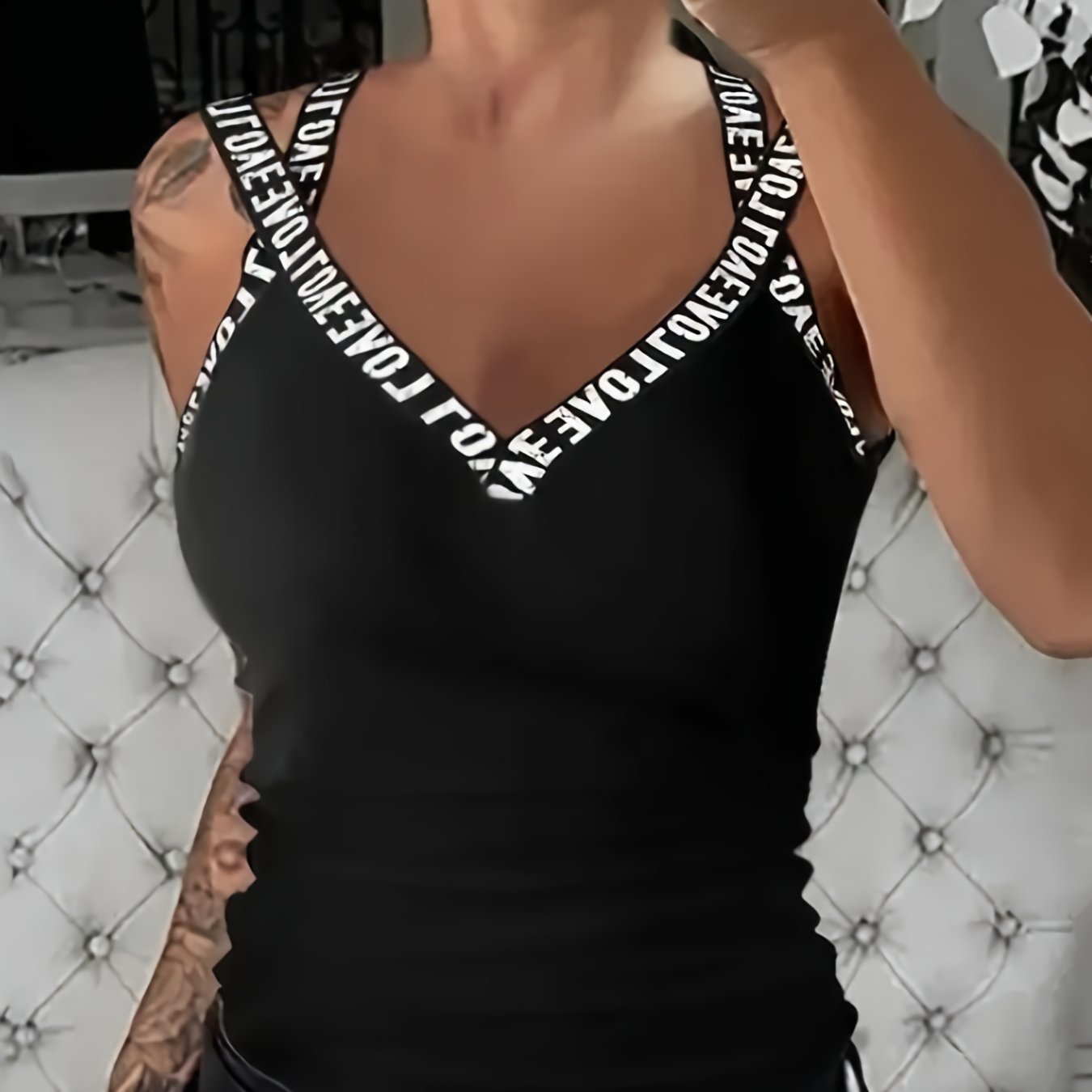 Image of Summer Women's Clothing, Cross Letter Print Strap Vest, Casual Sleeveless Camisole Top