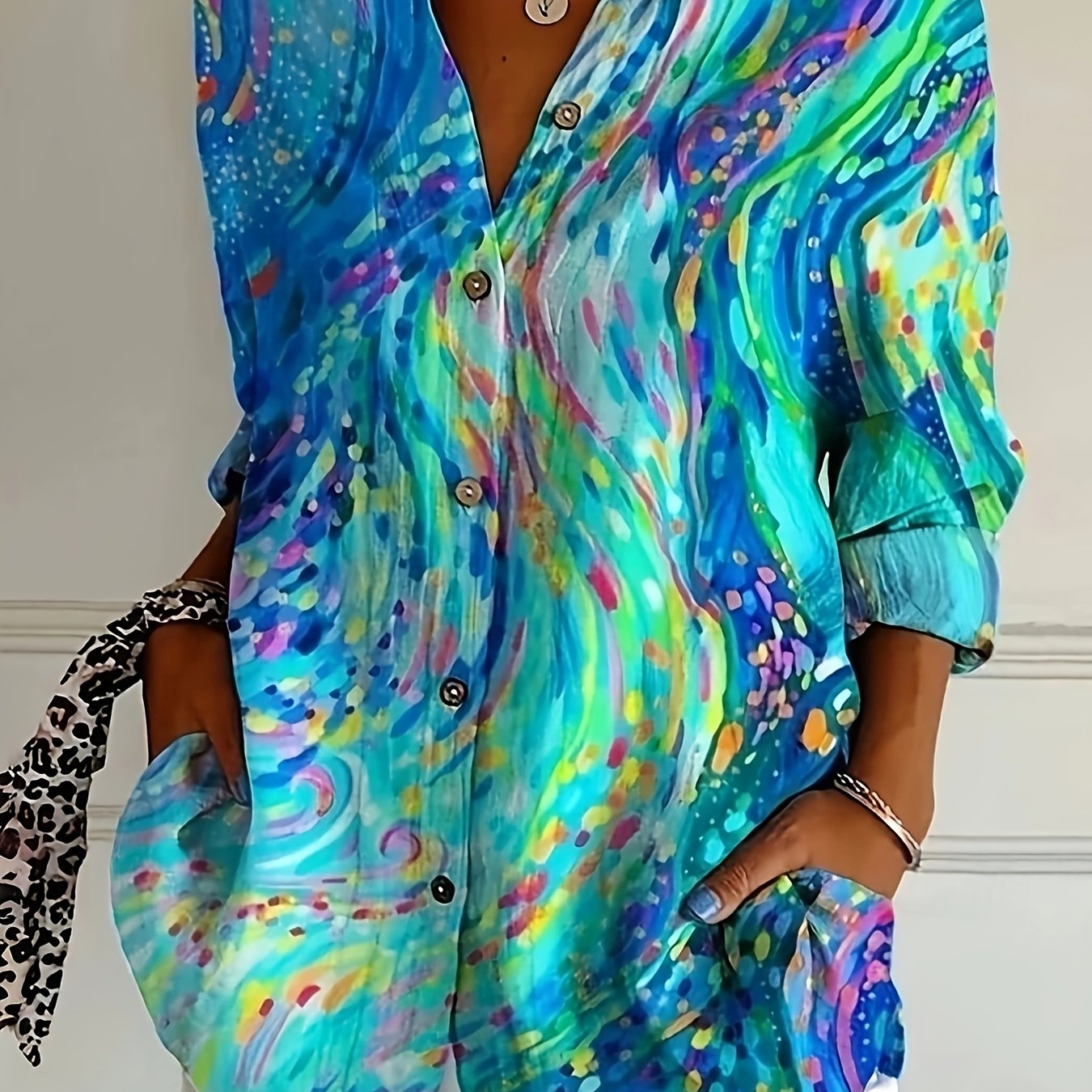 TEMU Plus Size, Plus Size Abstract Print Blouse Casual Button Shirt, Y2k Clothes Summer Daily Wear, Trendy Artistic Tops, Comfortable Relaxed Fit