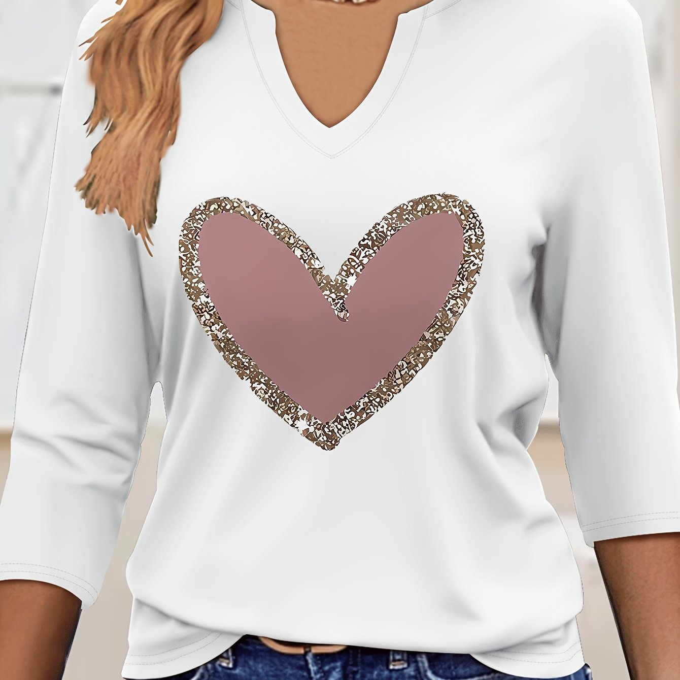 TEMU Graphic Print T-shirt, V-neck Three-quarter Sleeve T-shirt, Elegant Solid Color Top For Spring And Summer, Women's Wear