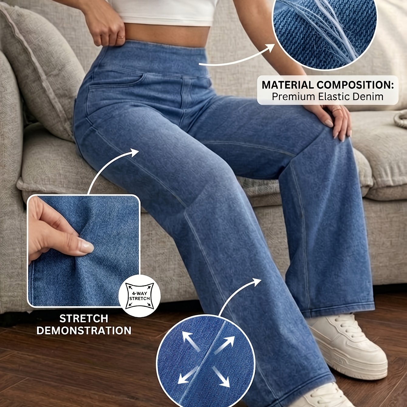 Image of Women' Blue High-waist Wide-leg Jeans - Retro Washed Denim Trousers With Tummy Control, Mid-rise Loose Fit, Casual And Office Wear, Stretchy Wide-leg Pants