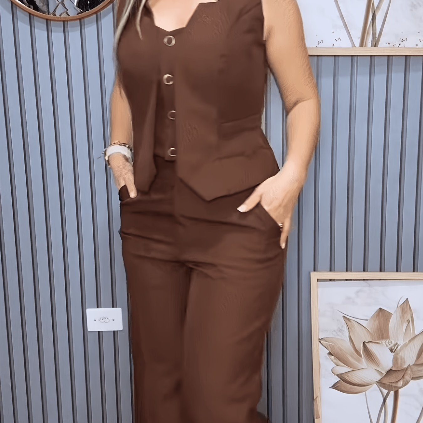 TEMU Women's 2-in-1 Look Sleeveless Vest And Trousers Set, Lapel Button-front Suit Vest With High-waist Straight-leg Pants, 2pcs Business Casual