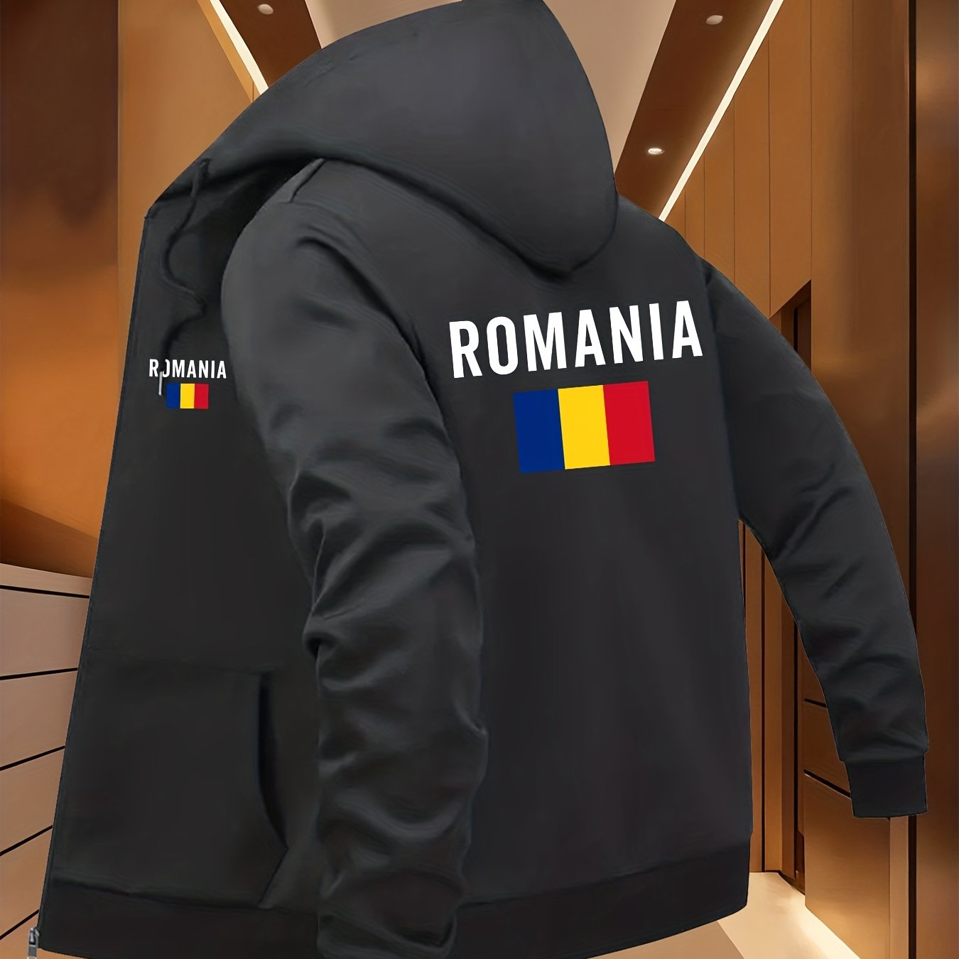 TEMU Men's Windproof Hooded Jacket With Stylish Iron-on Print, Lightweight Top, Zipper Closure Fashionable Sporty Versatile Hooded Windbreaker With