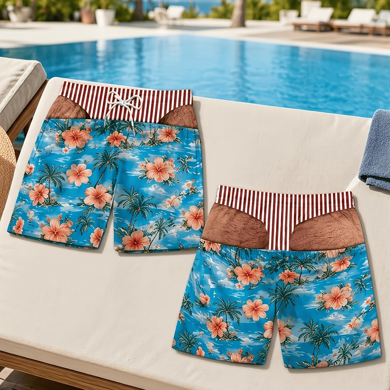 TEMU Printed Design - Non-textured/2d Printing Men's Casual Sports Beach Shorts, Hibiscus Flower Palm Tree Island Fake Swim Trunks Print Design,