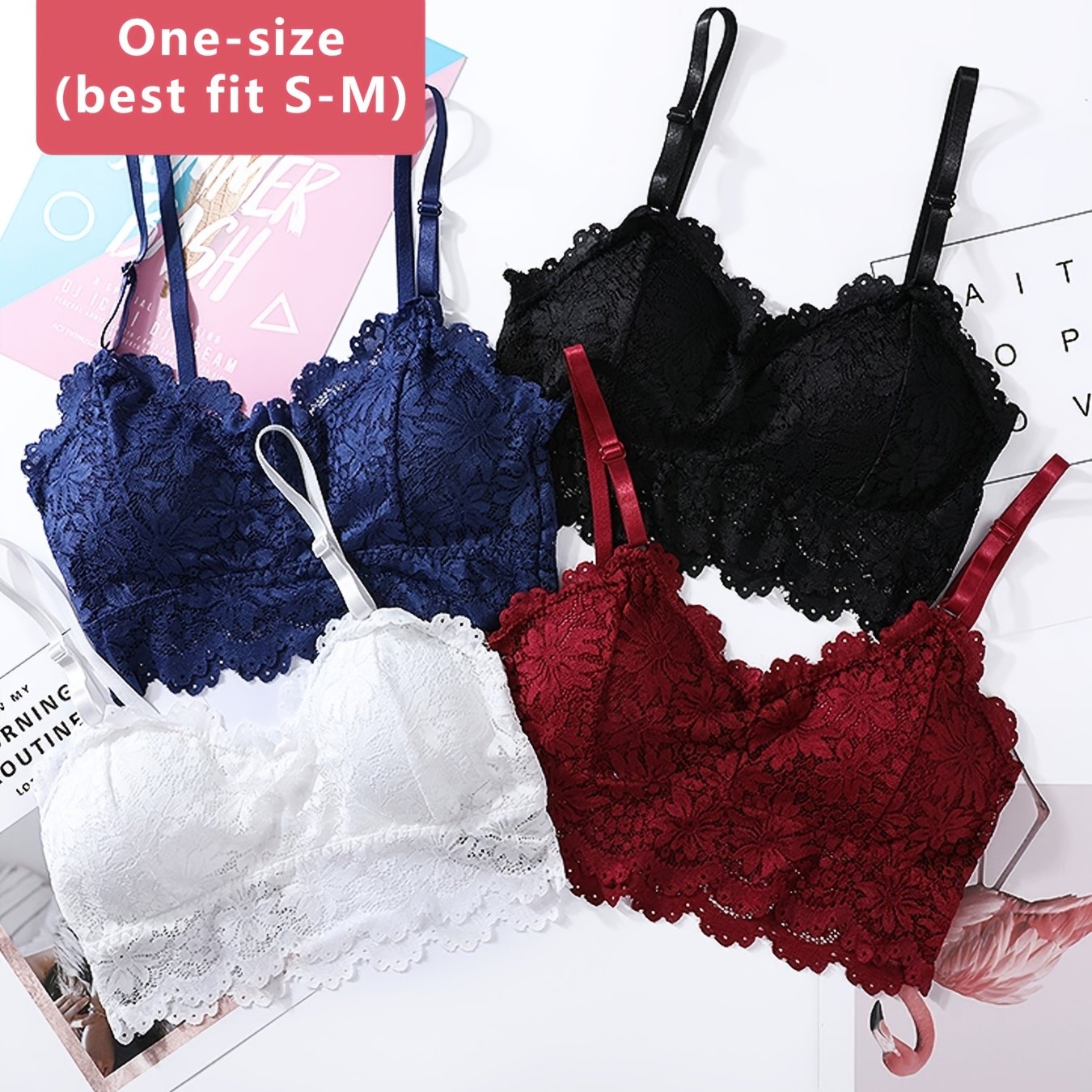 E-shop ( XS-M) 4-teiliges Set Damen Spitzen Cami BH Unterwäsche mit Polster Bandeau Top Rückenfrei Bustier Sexy BH