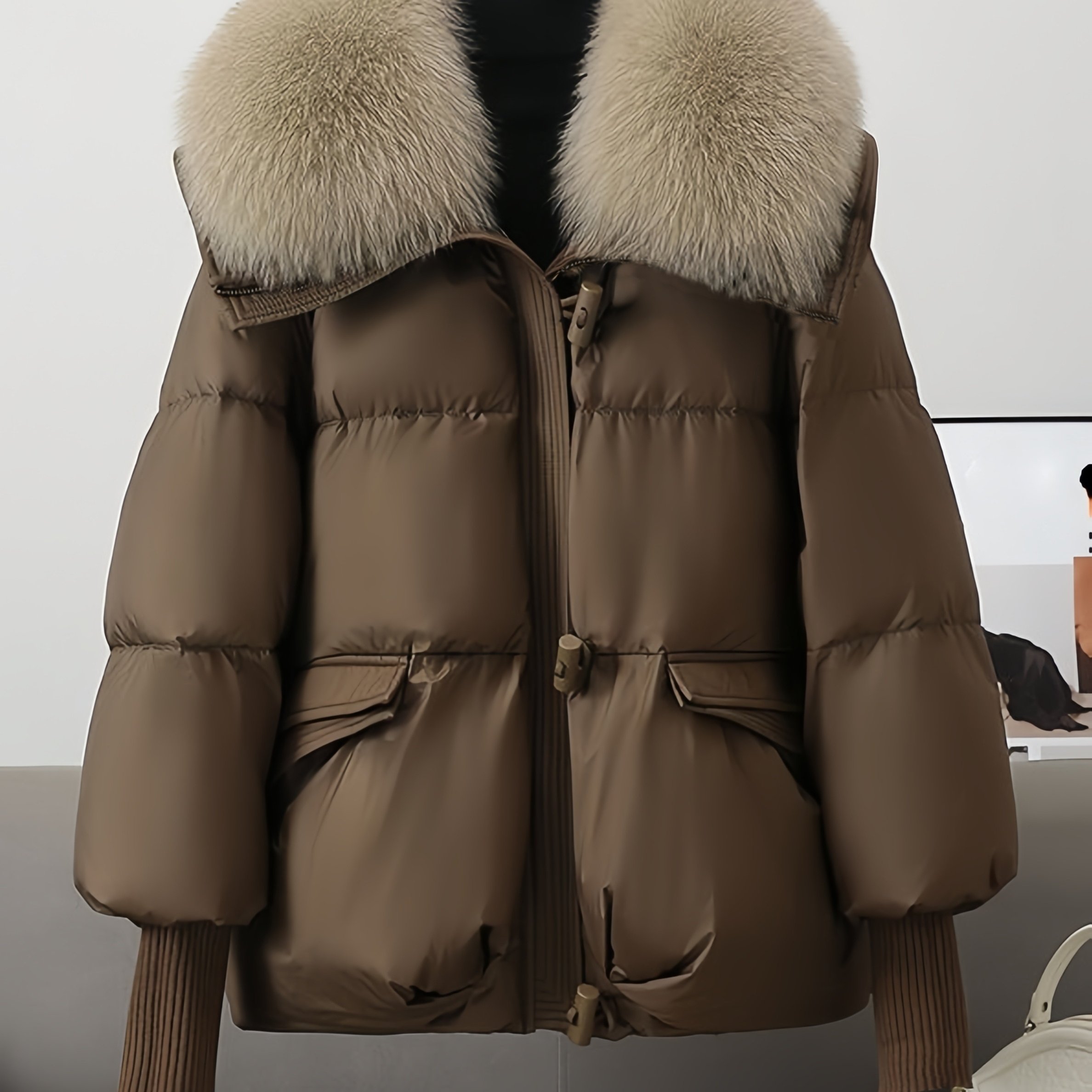 E-shop Herbst/Winter Damen-Jacke, verdickt warm, lockere Passform, abnehmbarer großer Kunstkragen, große Reißverschlusstaschen, stilvolles Design