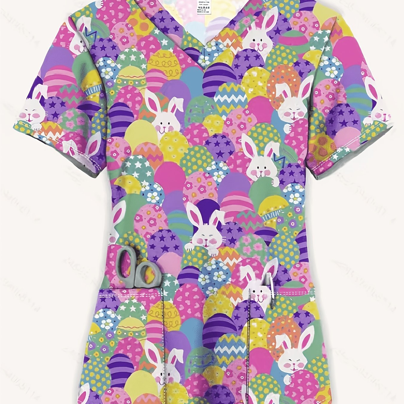 TEMU Plus Size - Plus Size - Plus Size Women's Stylish Short-sleeve V-neck Top, Featuring A Cute For A Relaxed And Comfortable Scrub Uniform With