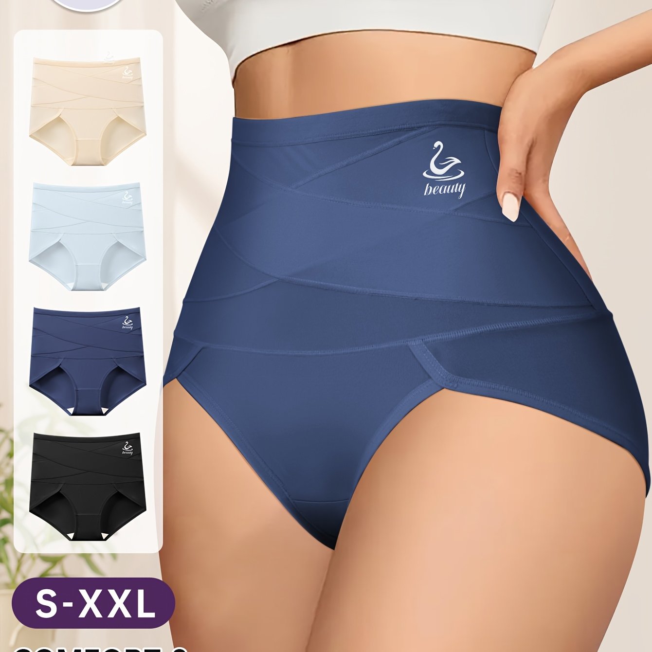 Image of 4pcs Tummy Tucking And Hip Lifting Large Leg Women's Panties, Cross Waistband Daily Wear Trousers, Women's Adjustable Panties