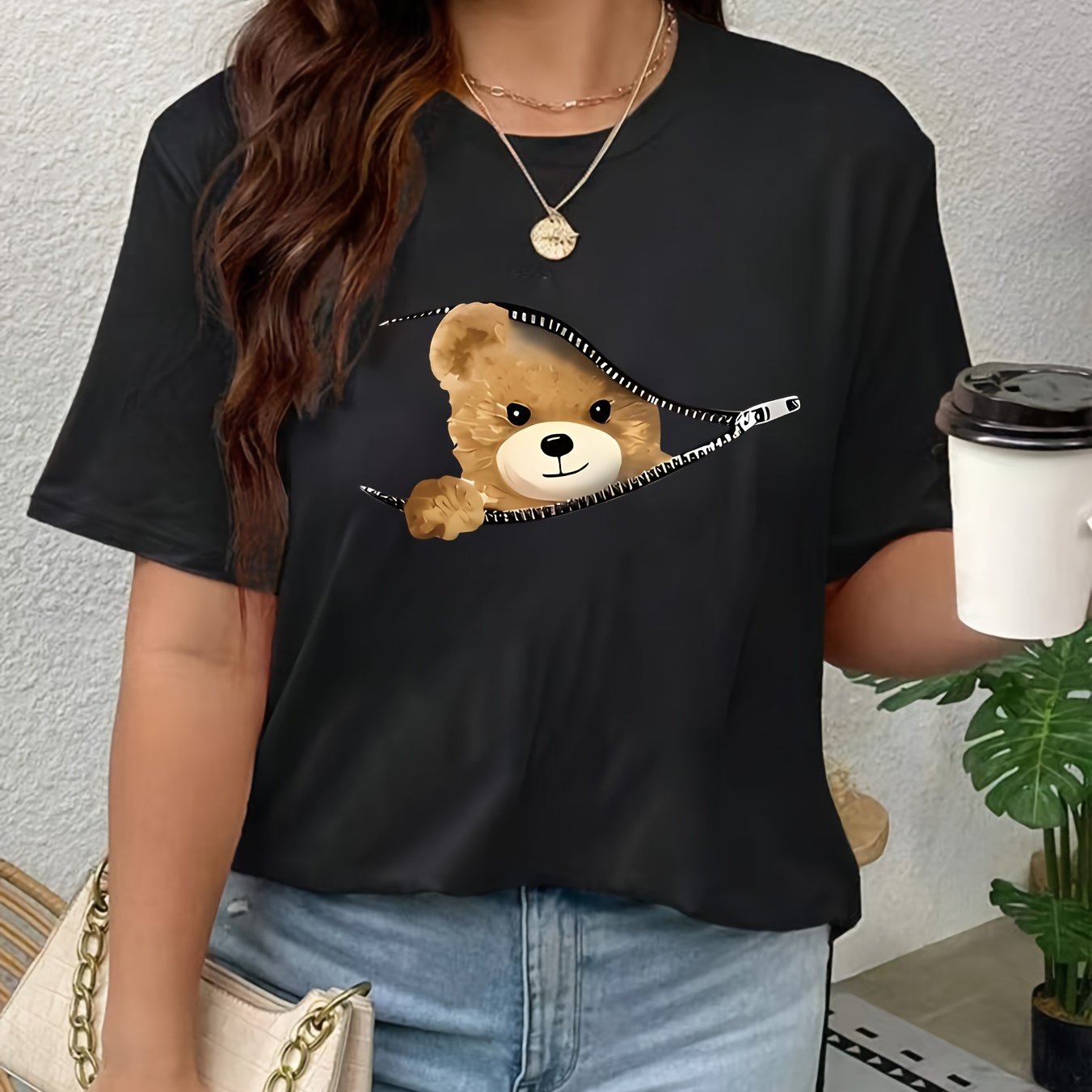 Image of Plus Size Women's Casual Short Sleeve T-shirt - Cute Zipper Bear Graphic Print, Stretchy Round Neck Top For Spring/summer, Machine Washable, Bear T Shirt, Casual Attire, Medium Elasticity Fabric