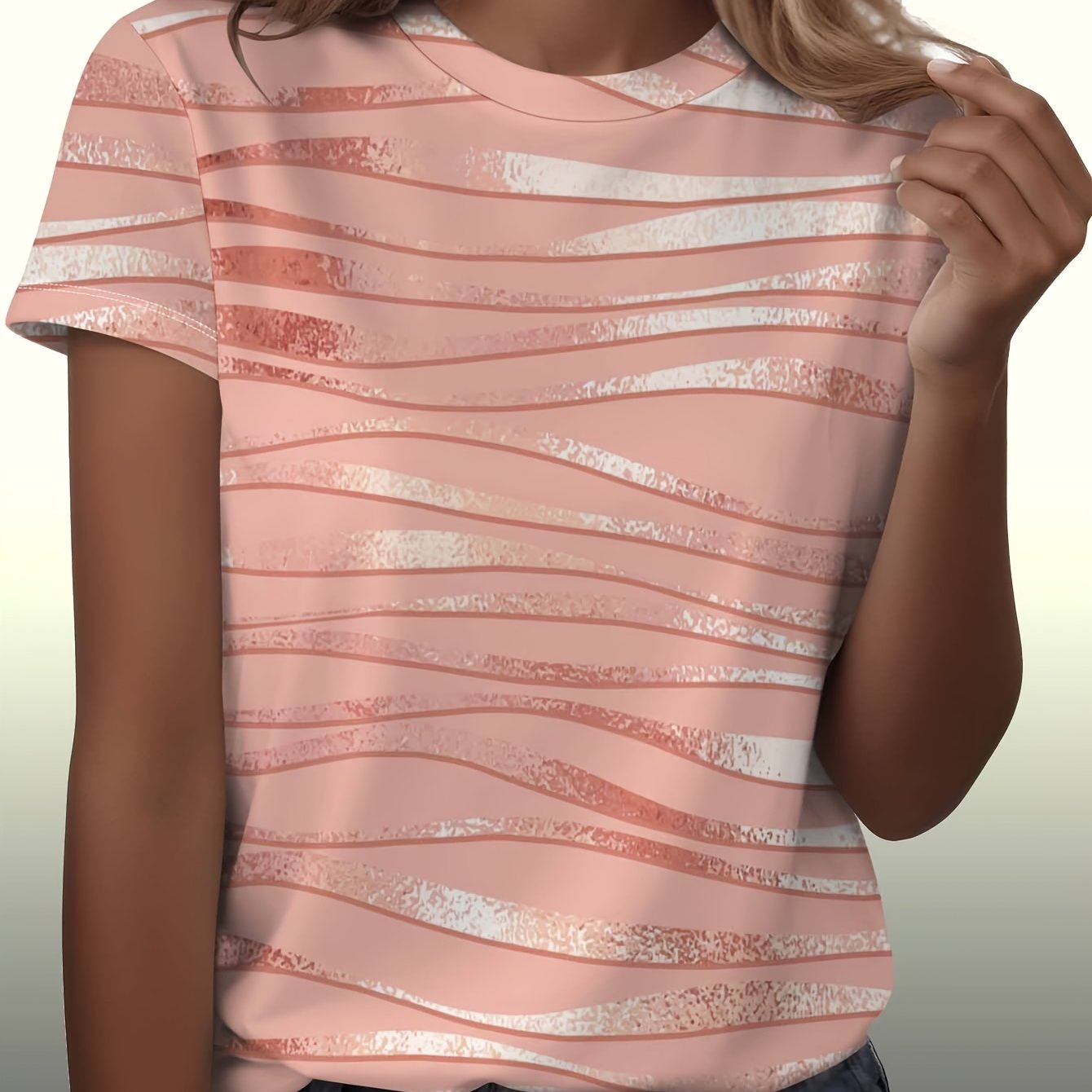 TEMU [printed Design-not Textured]casual Short-sleeve With Pink And Golden Wave Stripe, Easily Suitable For Daily And Commuting