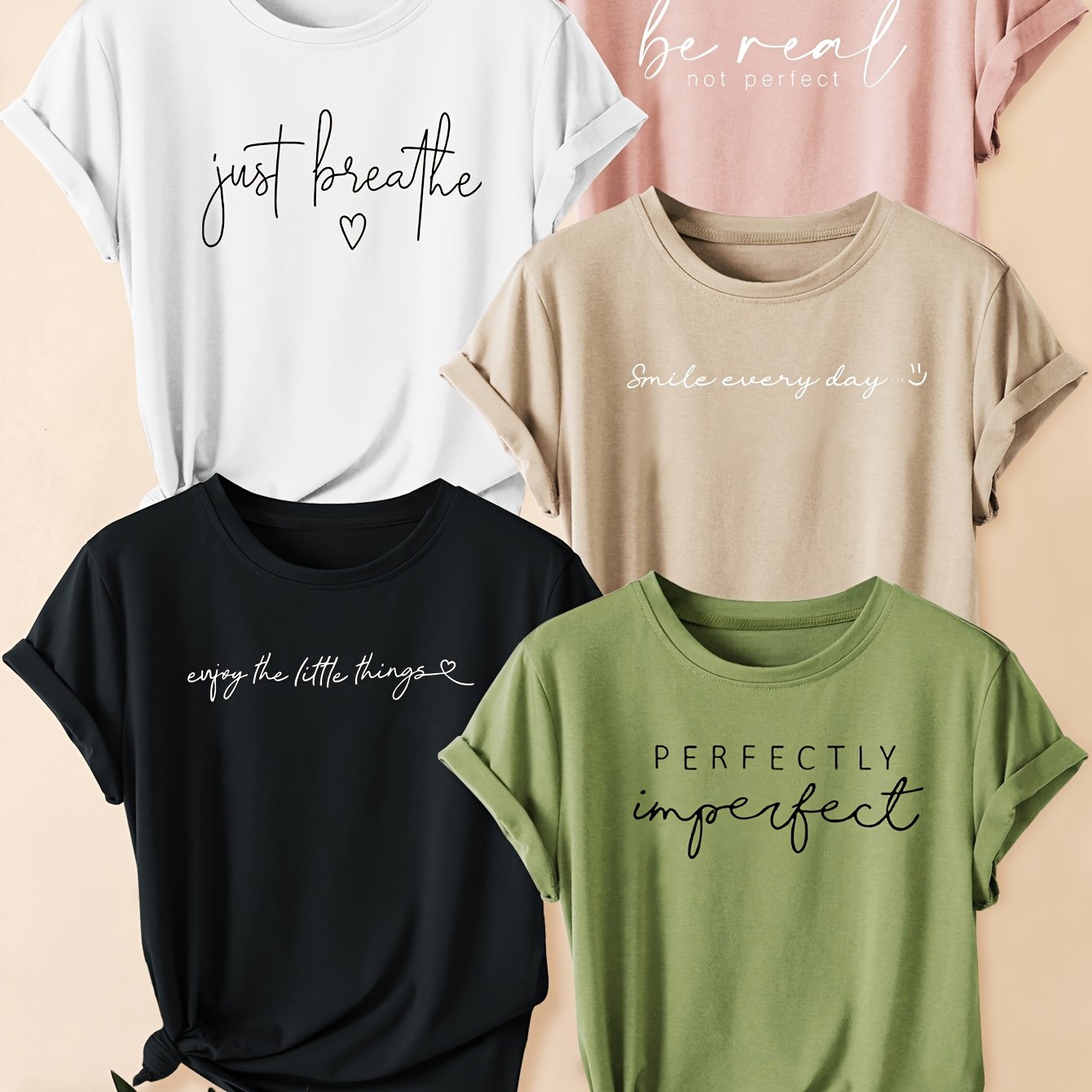 TEMU Five-pack Black And White Letter Print Fashion Vintage Style Women's Casual Sporty Round Neck Short Sleeve T-shirts