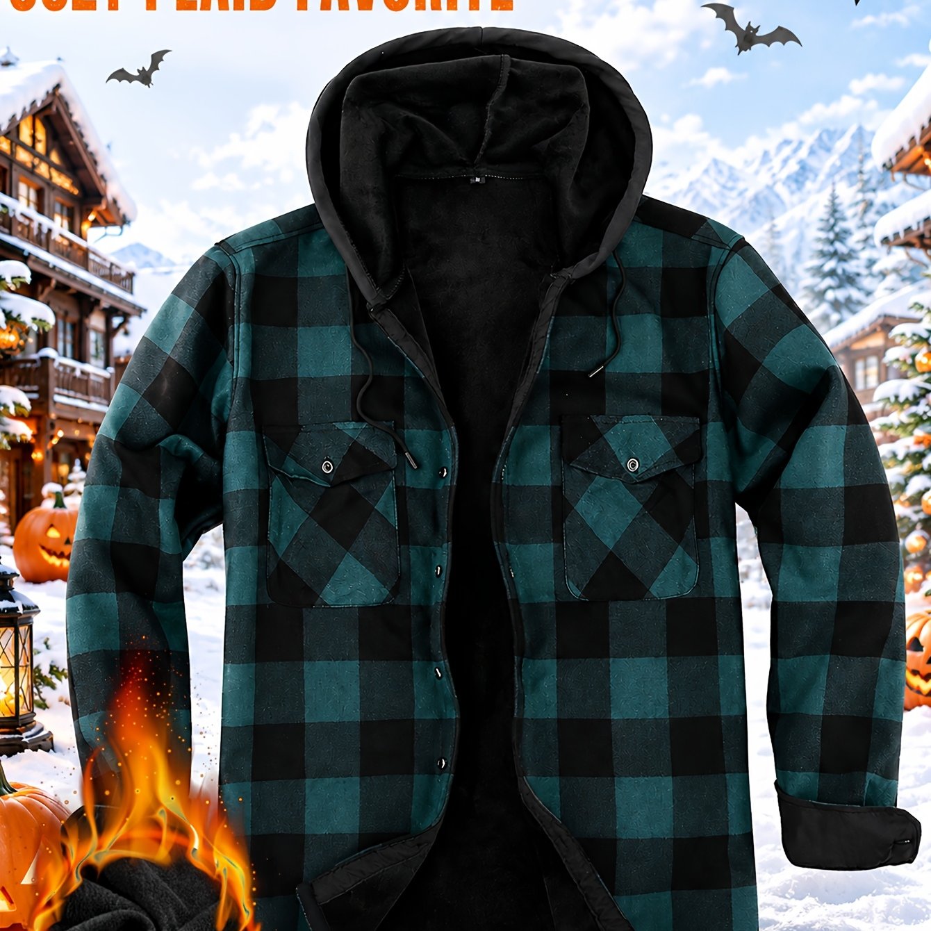 TEMU Hot Selling! Men's Checkered Flannel Shirt Jacket - Hooded Long Sleeve Button-up Overshirt With Double Chest Pockets, Fleece-lined Thickened